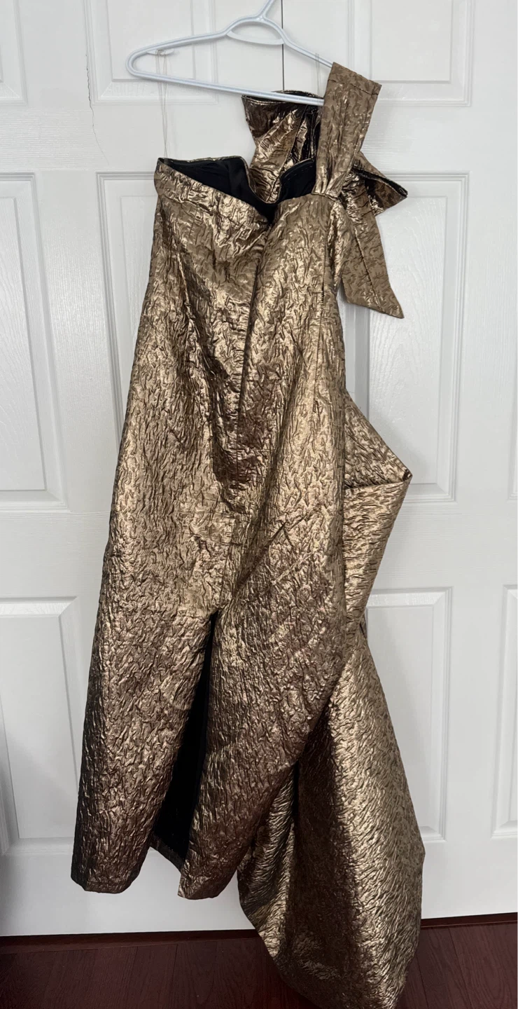 Gold Metallic Strapless Gown with Bow Detail - photo 2