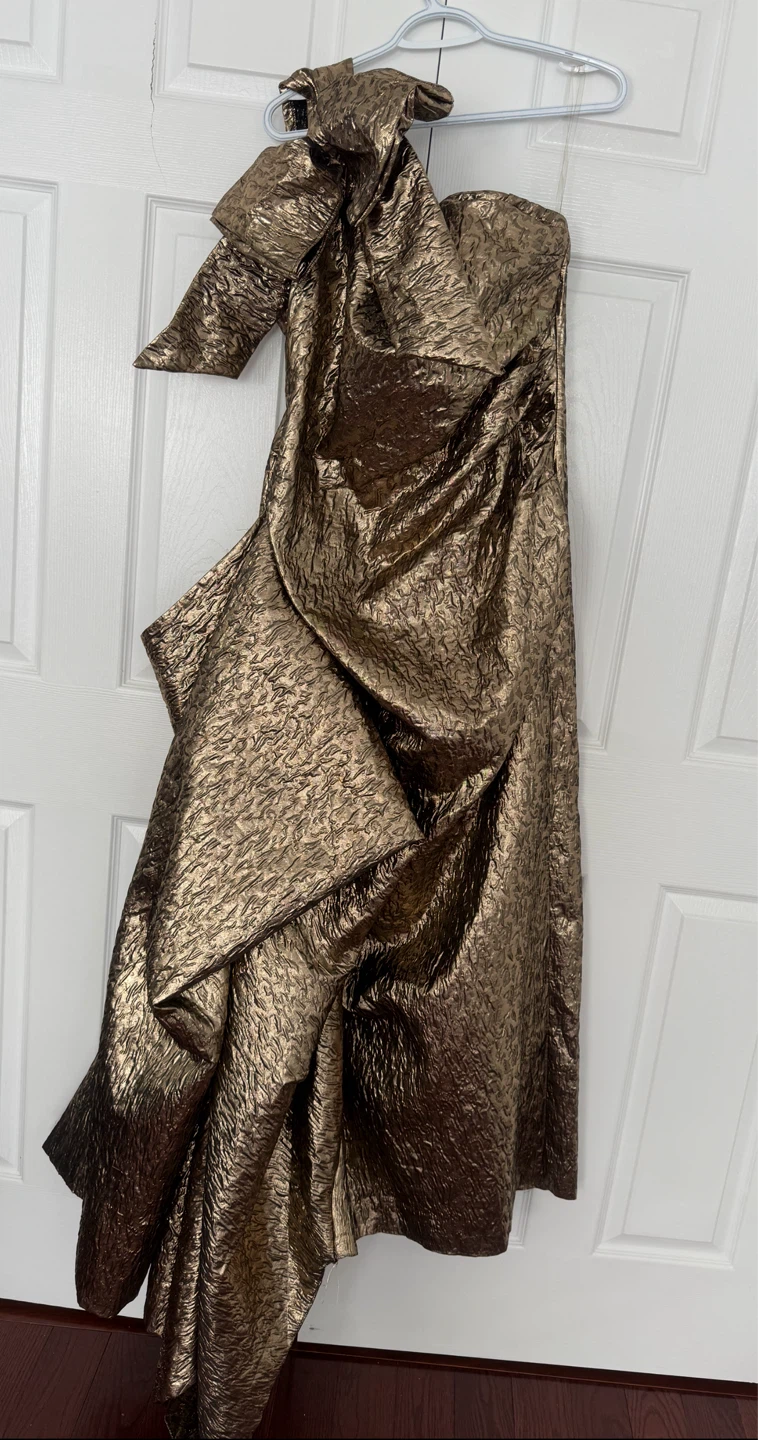 Gold Metallic Strapless Gown with Bow Detail