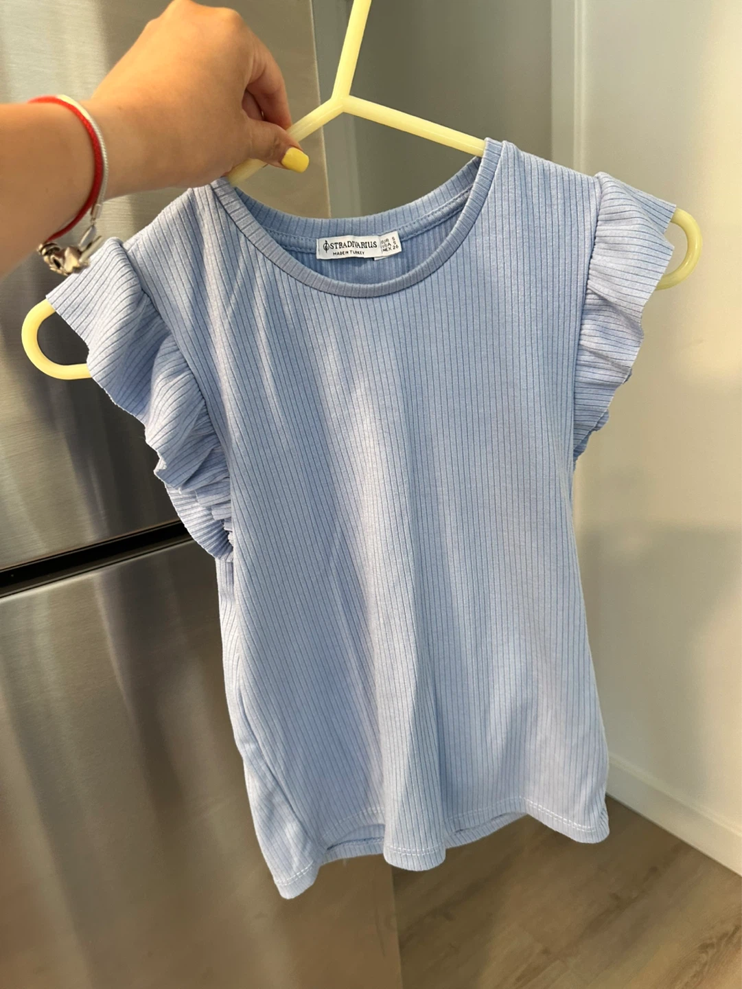 Stradivarius Baby Blue Ribbed Ruffle Sleeve Top - Size S