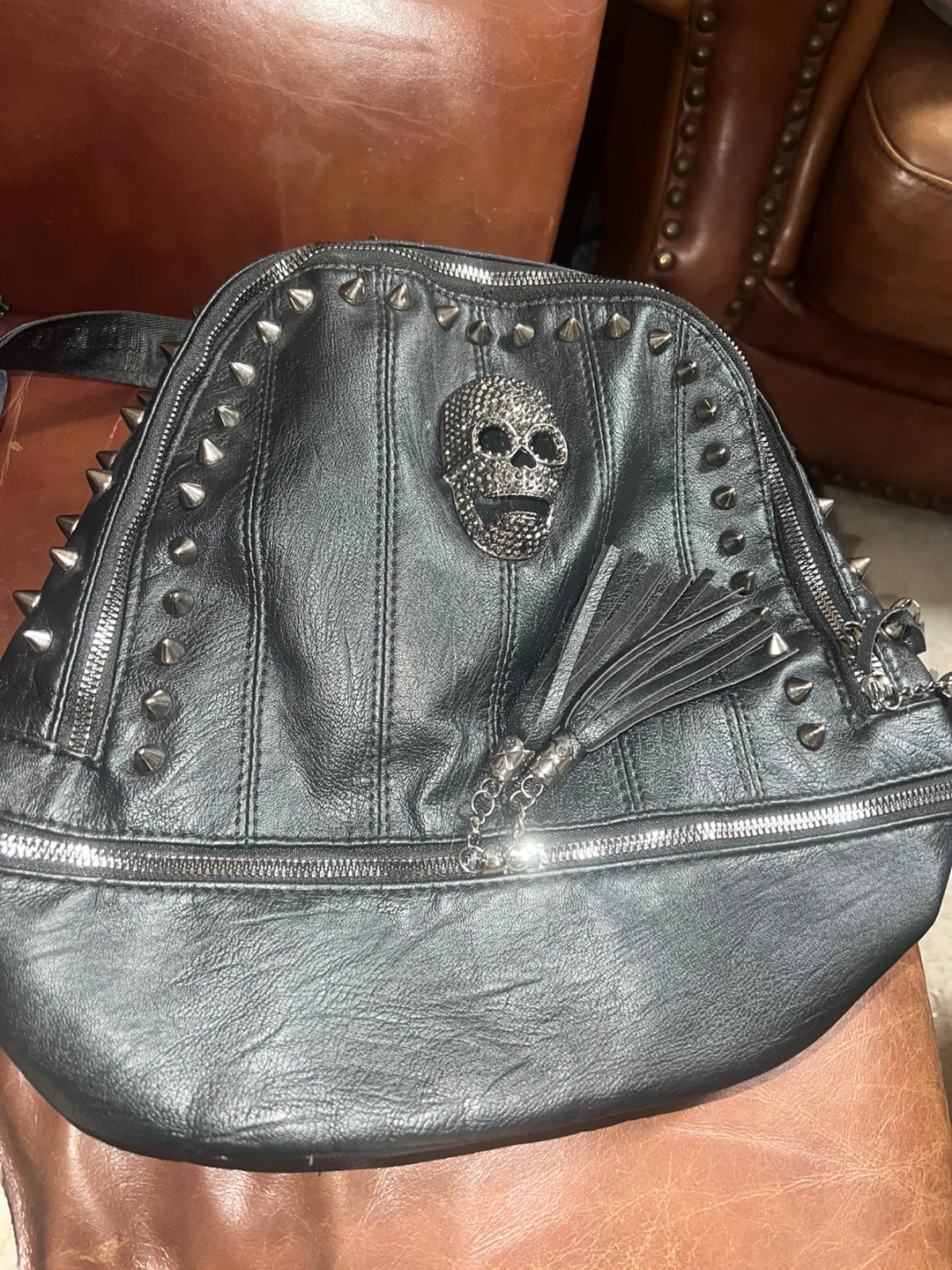 Black Studded Skull Tassel Backpack