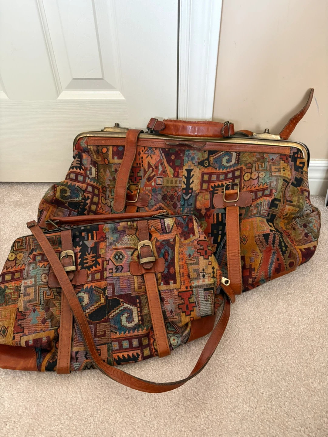 Set of 2 Vintage Tapestry Luggage Bags