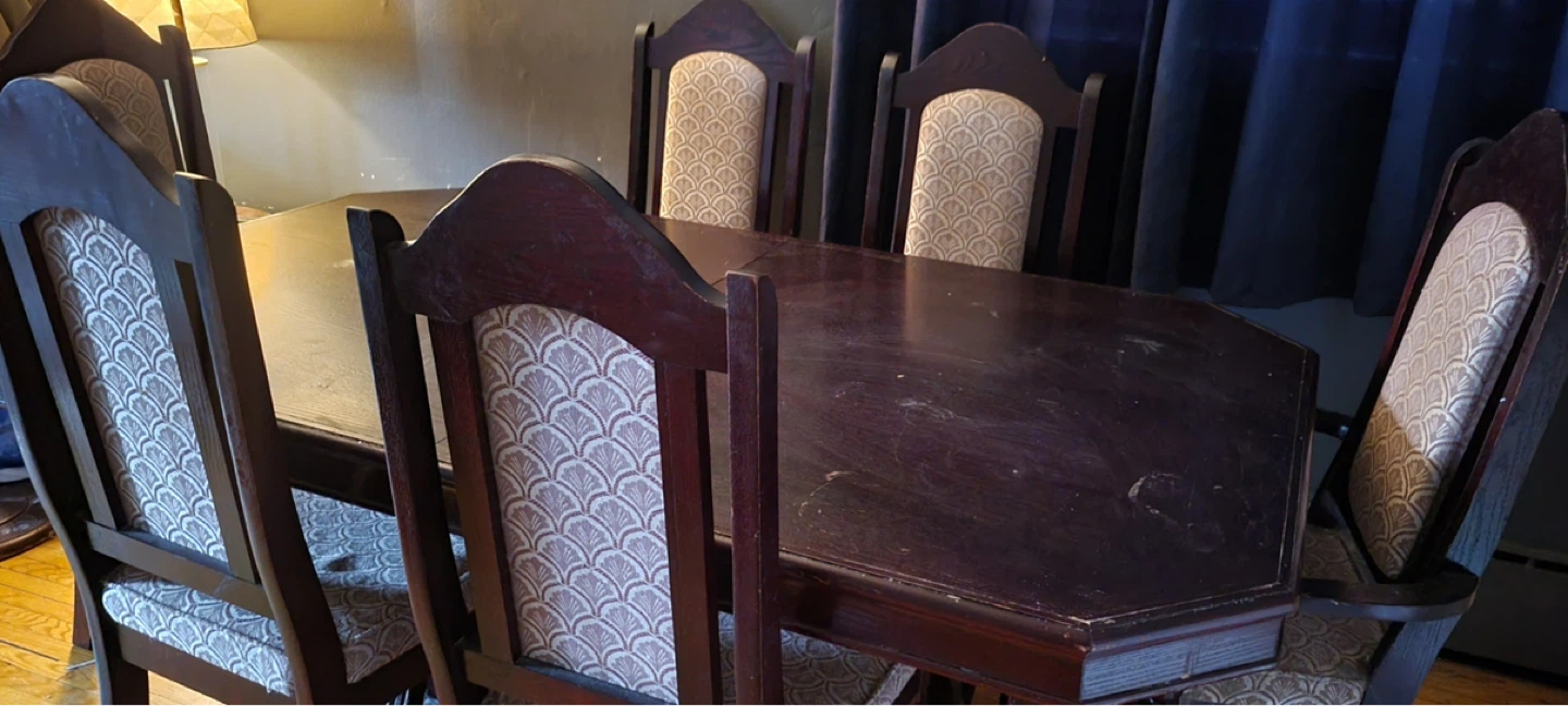 Dark Wood Dining Table with Upholstered Chairs