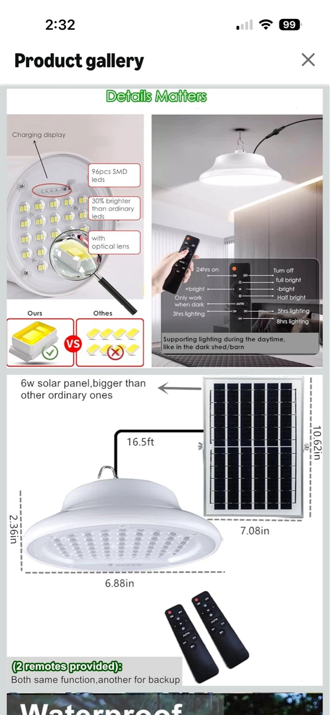 Solar Powered Pendant Light with 2 Remotes - photo 3