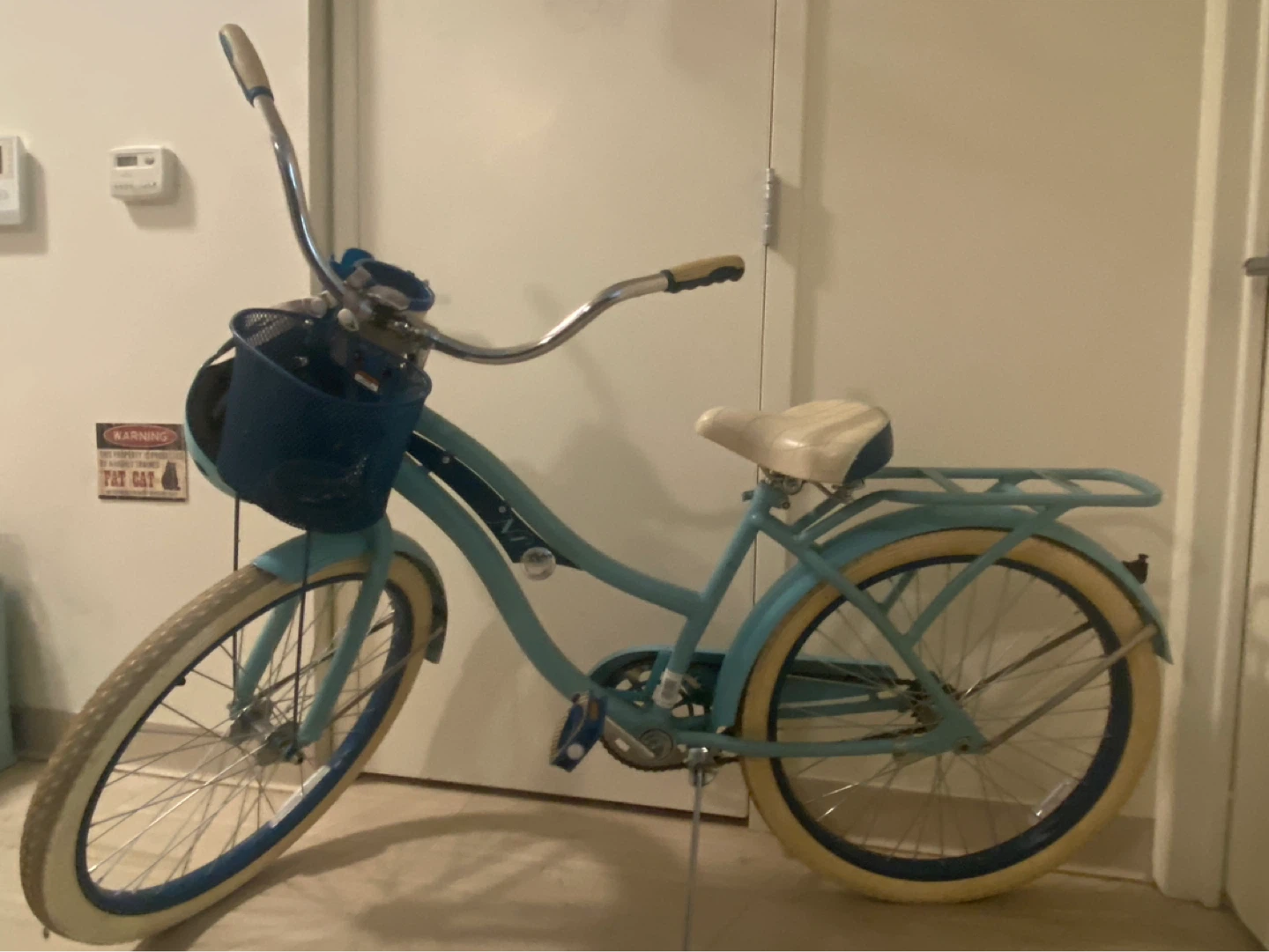 Light Blue Cruiser Bicycle with Basket and Rack