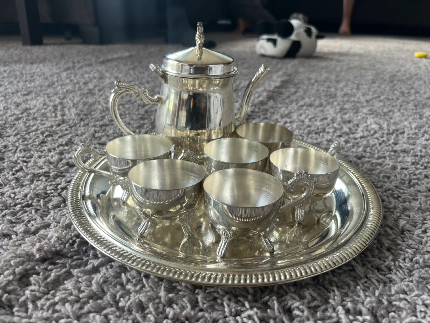 Silver Tea Set with Tray and 4 Cups