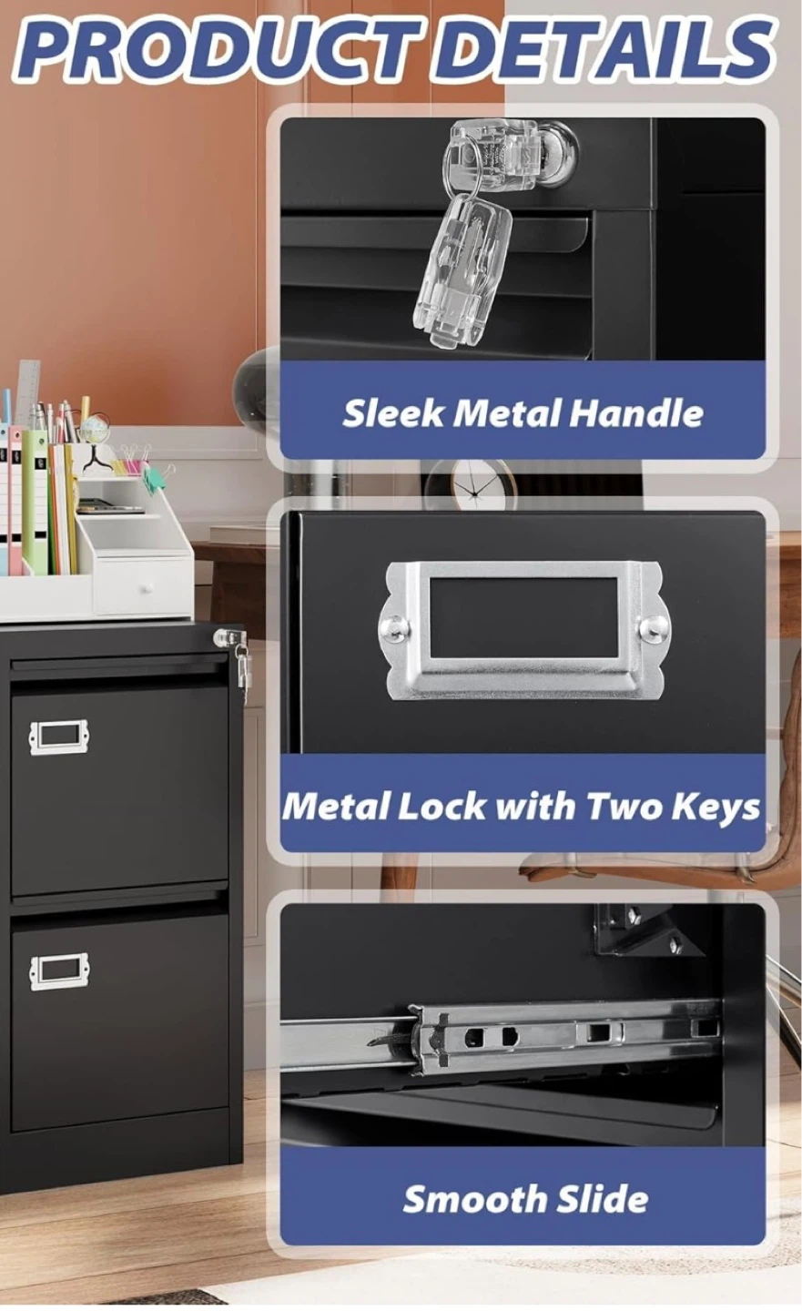 New Dark Gray Metal Filing Cabinet 2 Drawers w/ Lock & Keys - photo 4
