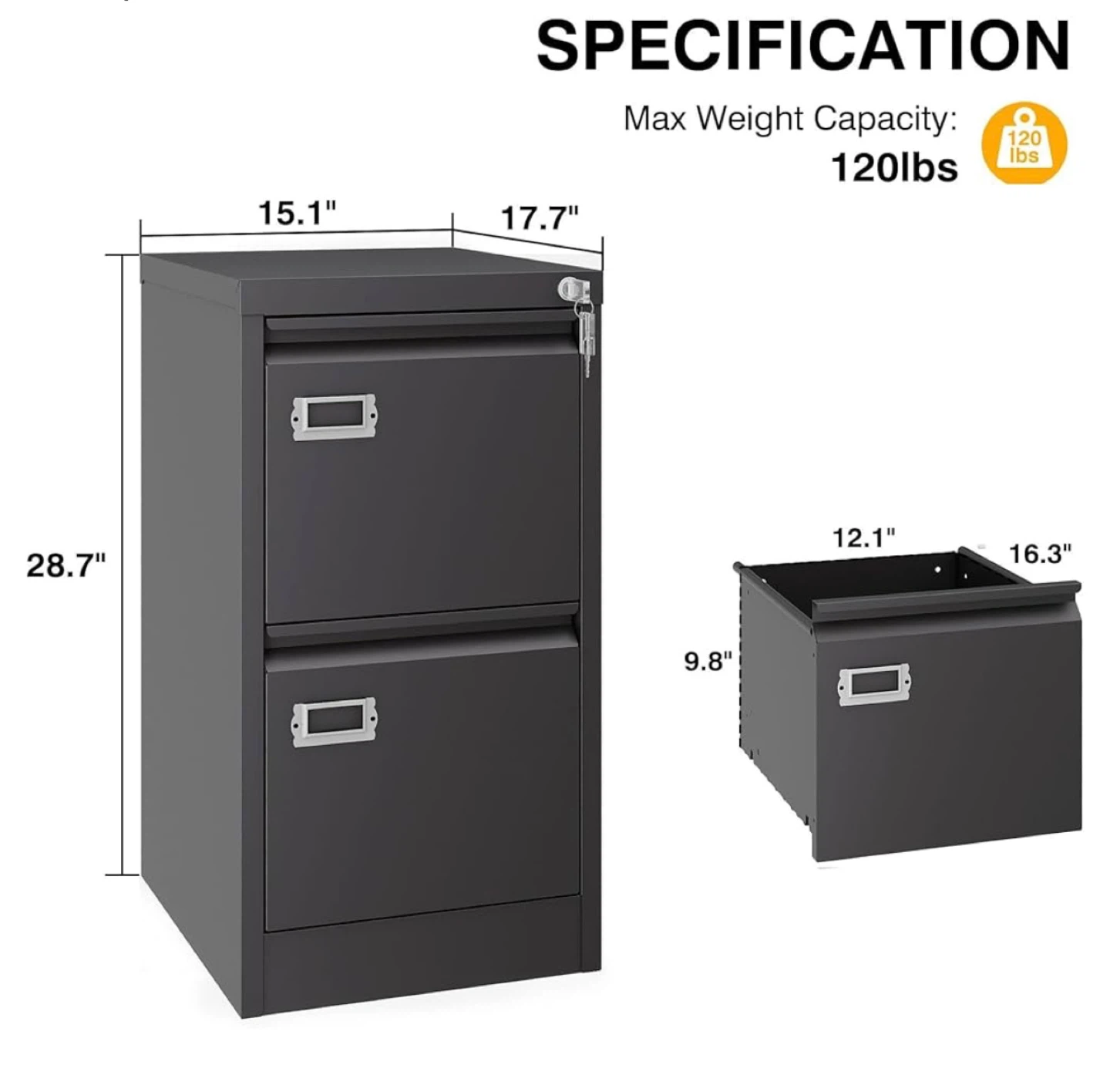 New Dark Gray Metal Filing Cabinet 2 Drawers w/ Lock & Keys