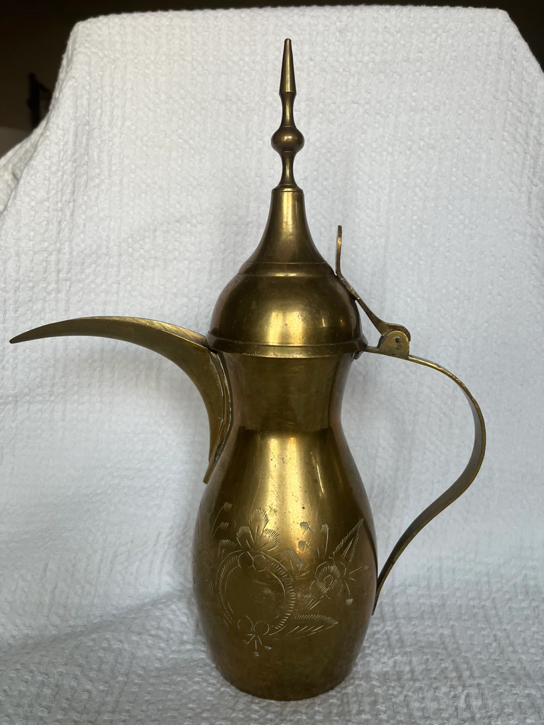 Brass Arabic Coffee Pot Dallah with Engraved Floral Design
