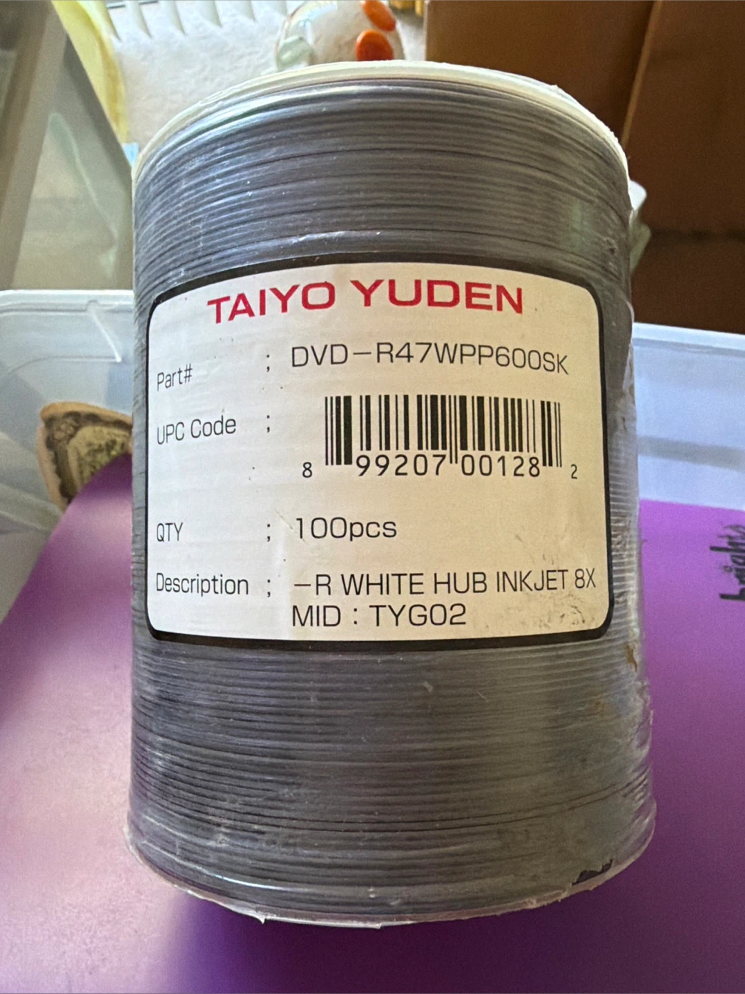 Taiyo Yuden DVD-R 4.7GB 8x White Inkjet Hub - 100pk
