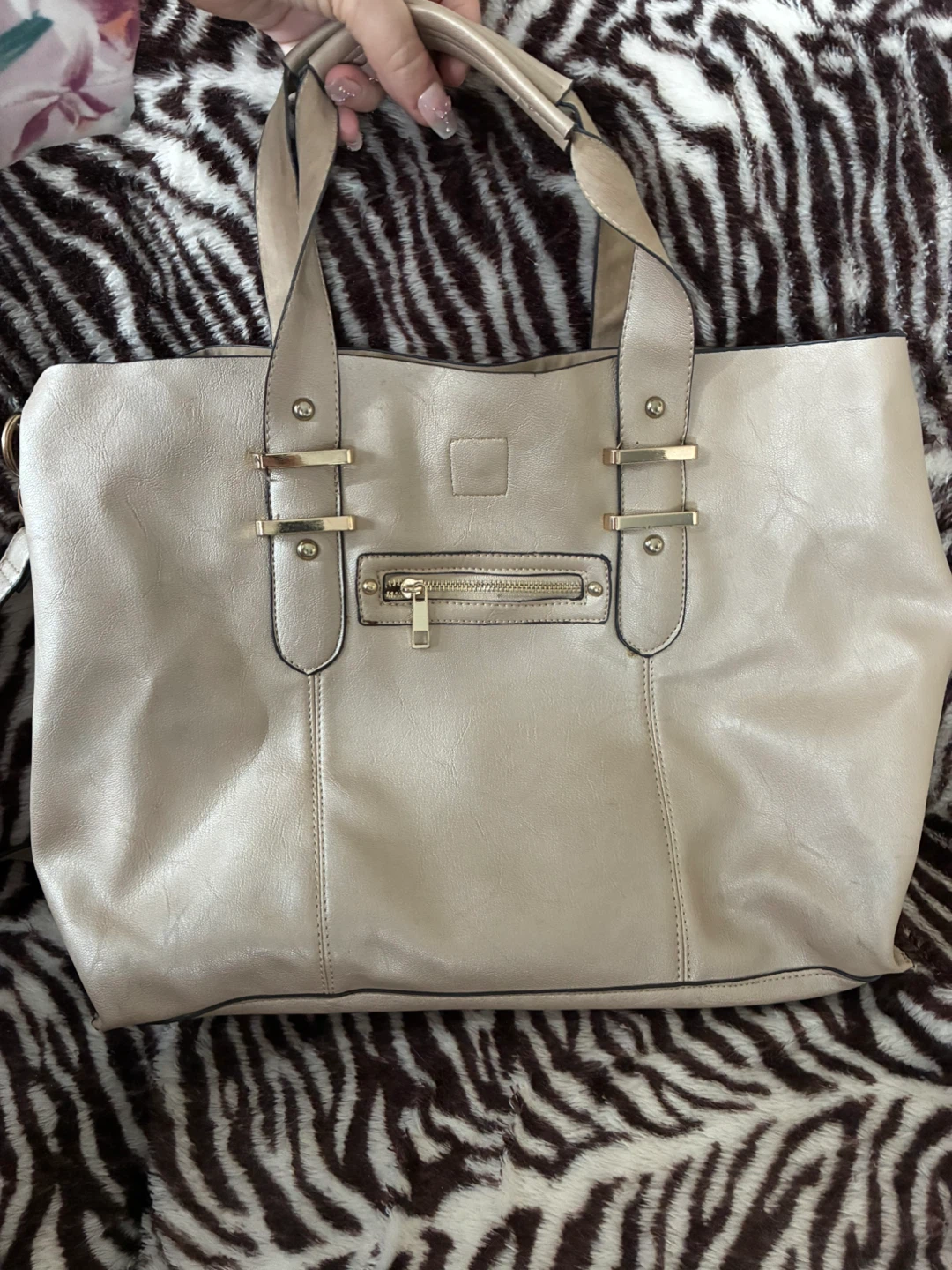 Beige Faux Leather Tote Bag with Shoulder Strap