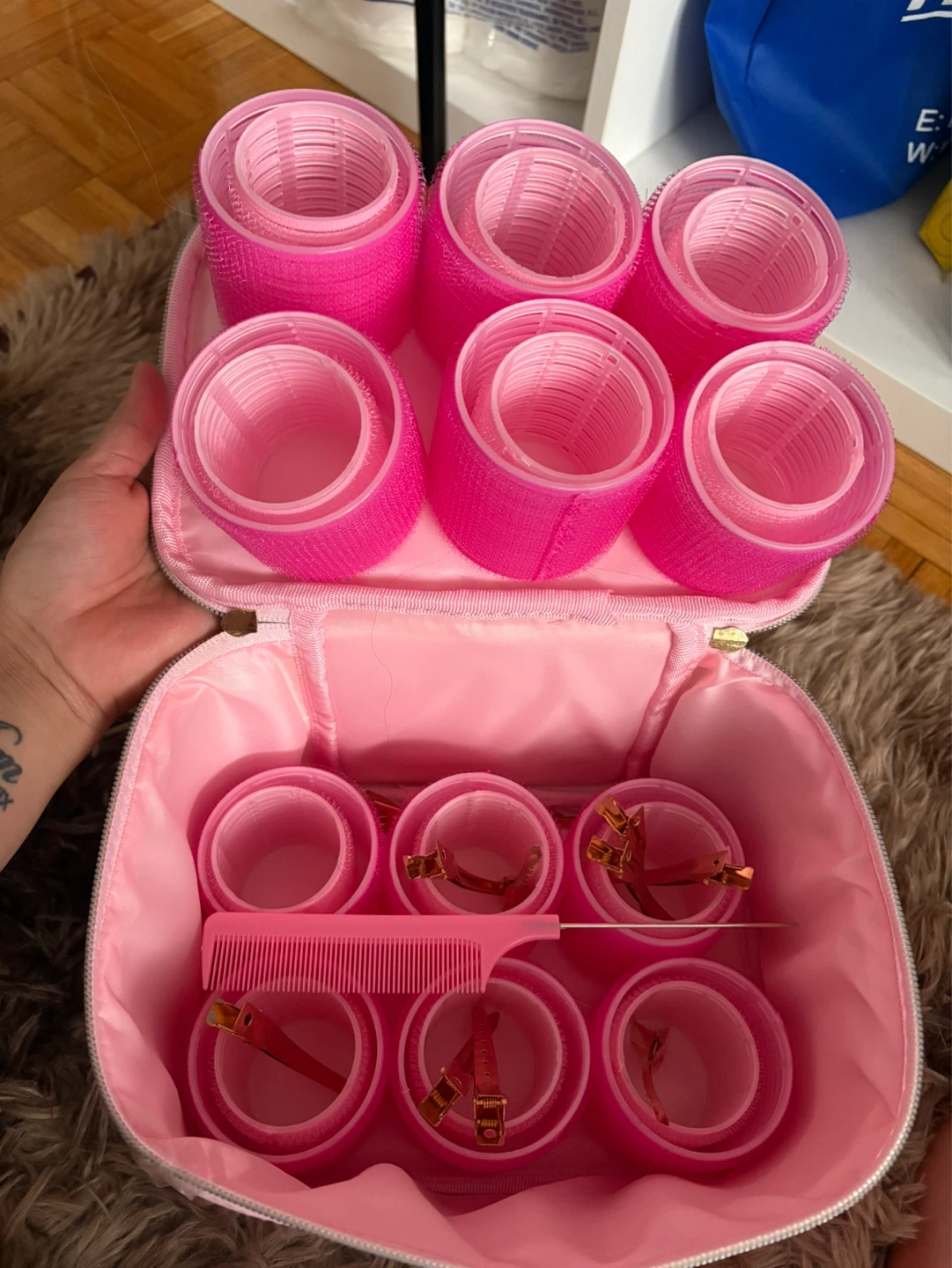 Pink Hair Roller Set with Case and Accessories