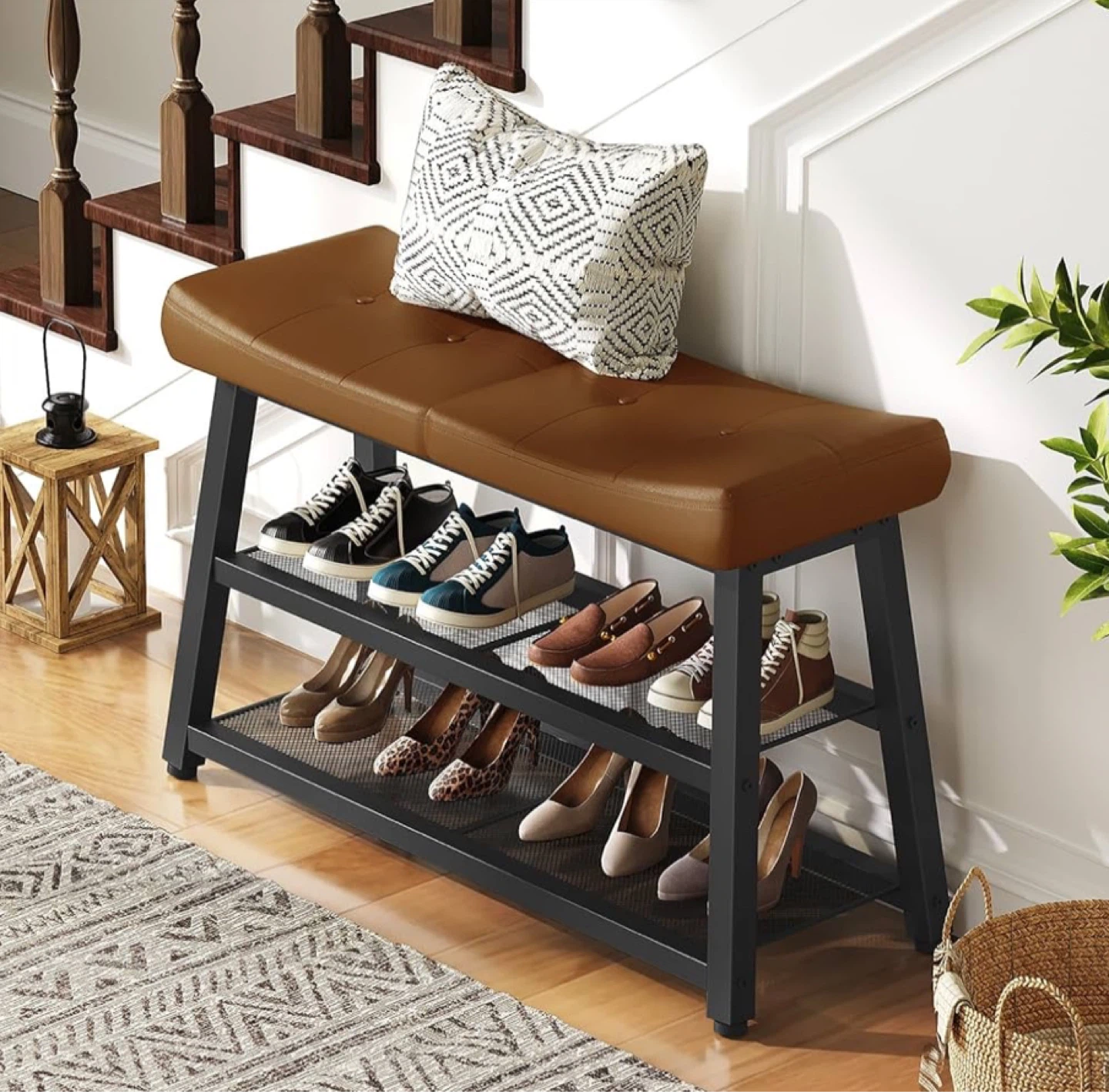 Brown Faux Leather Shoe Bench with 2 Shelves - photo 2