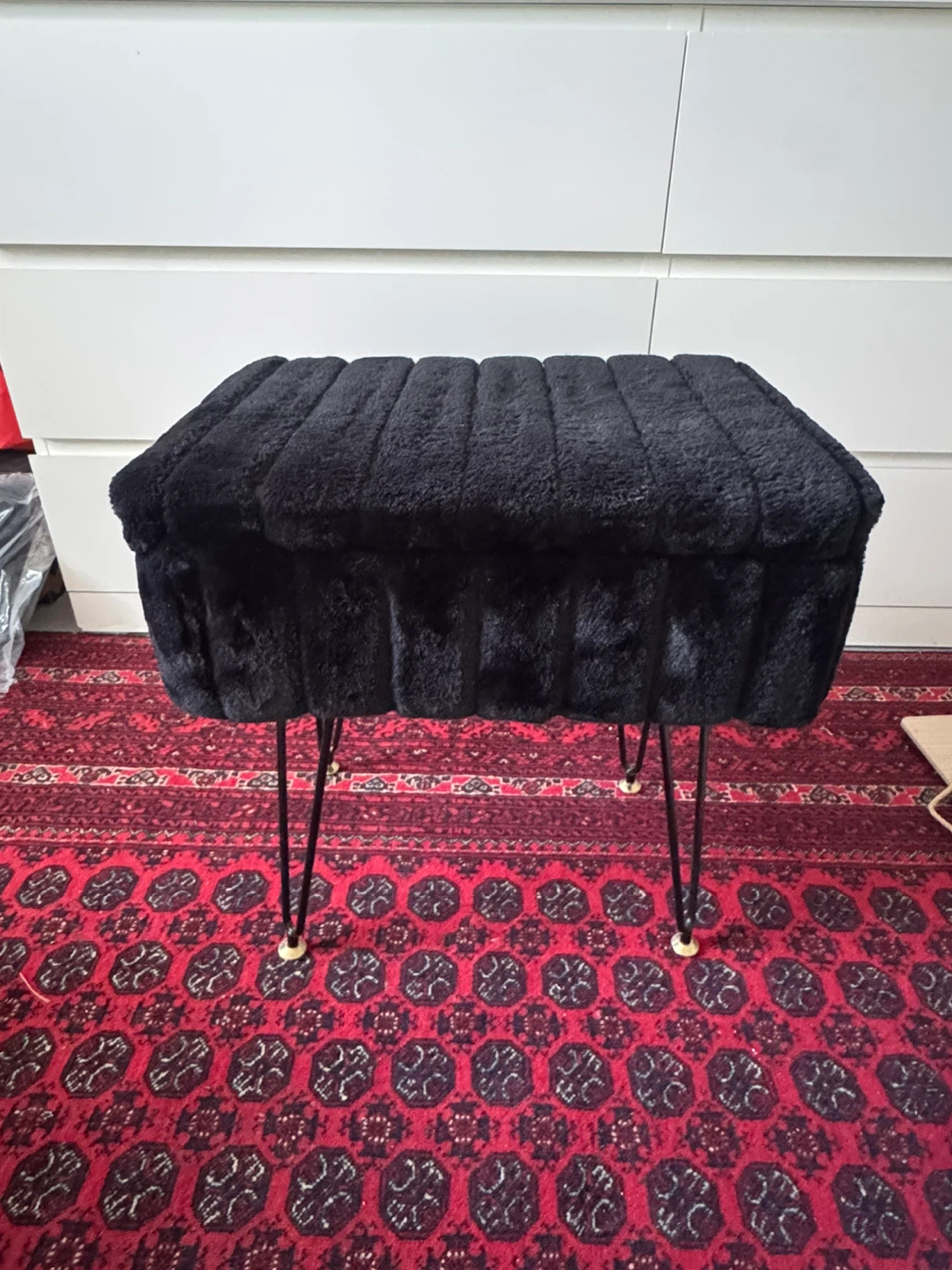 Black Faux Fur Ottoman with Tray Top and storage