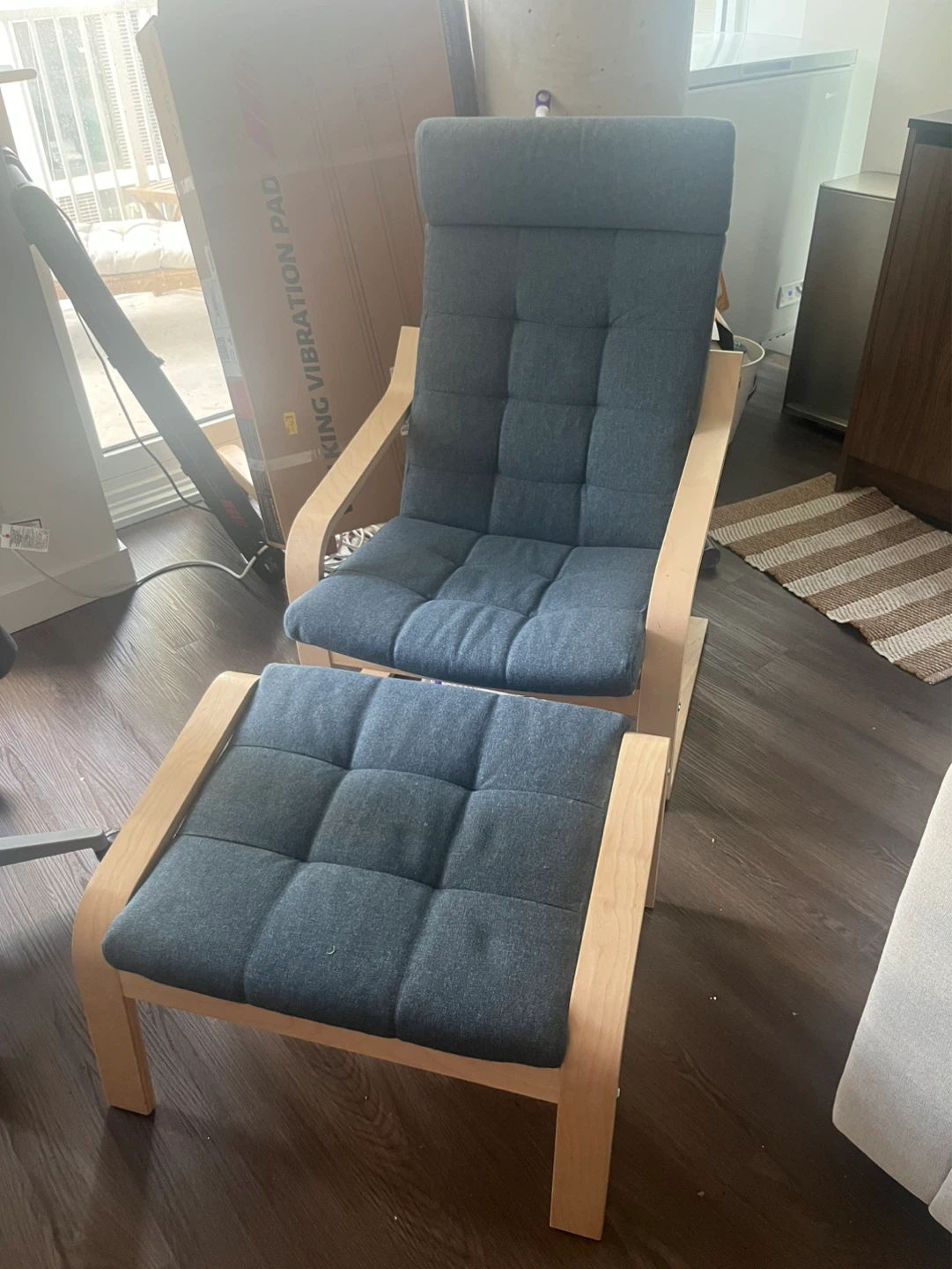 IKEA POÄNG Armchair and footstool, birch veneer/ Gunnared blue