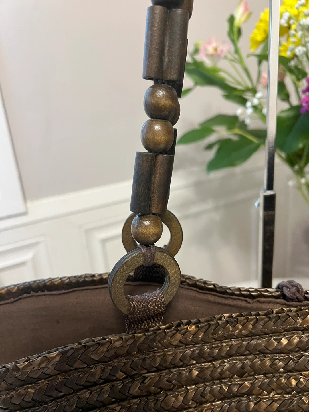 Woven Straw Beach Bag with Wooden Beaded Handles - photo 2