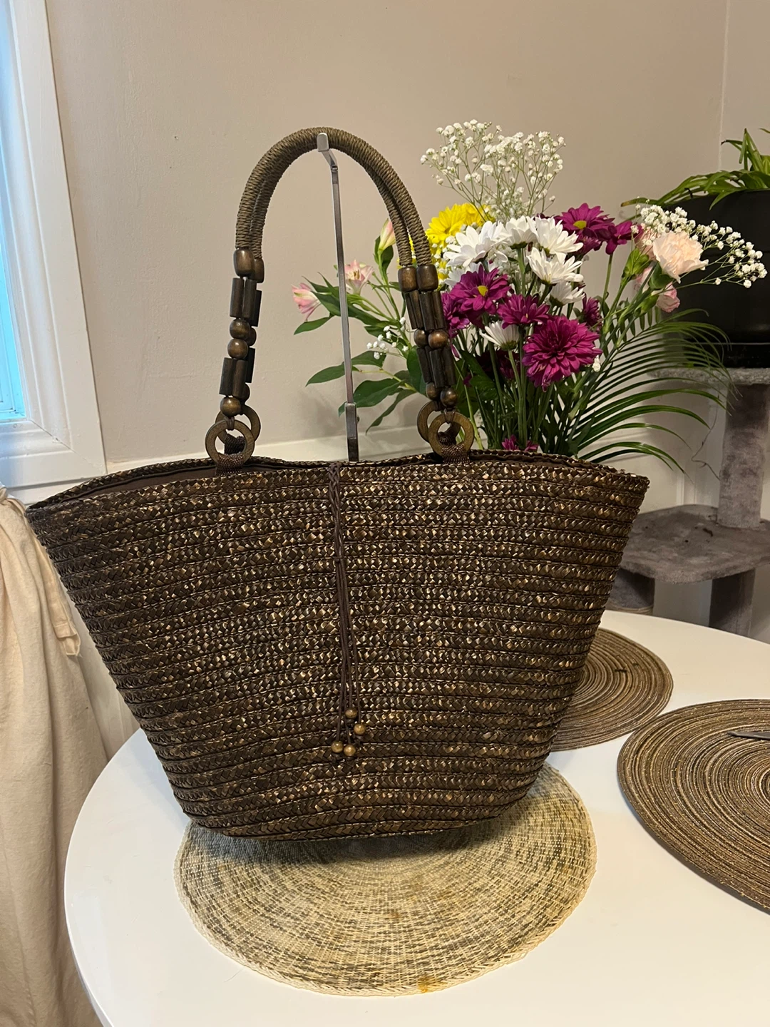 Woven Straw Beach Bag with Wooden Beaded Handles