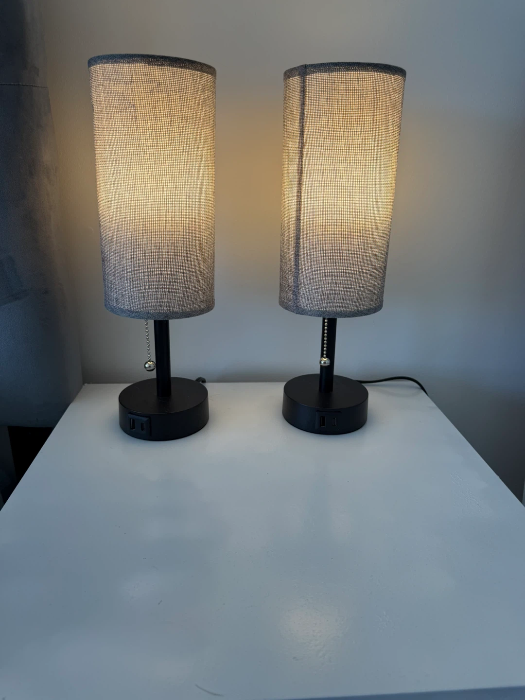 Pair of Grey Fabric Table Lamps with USB Ports - photo 3