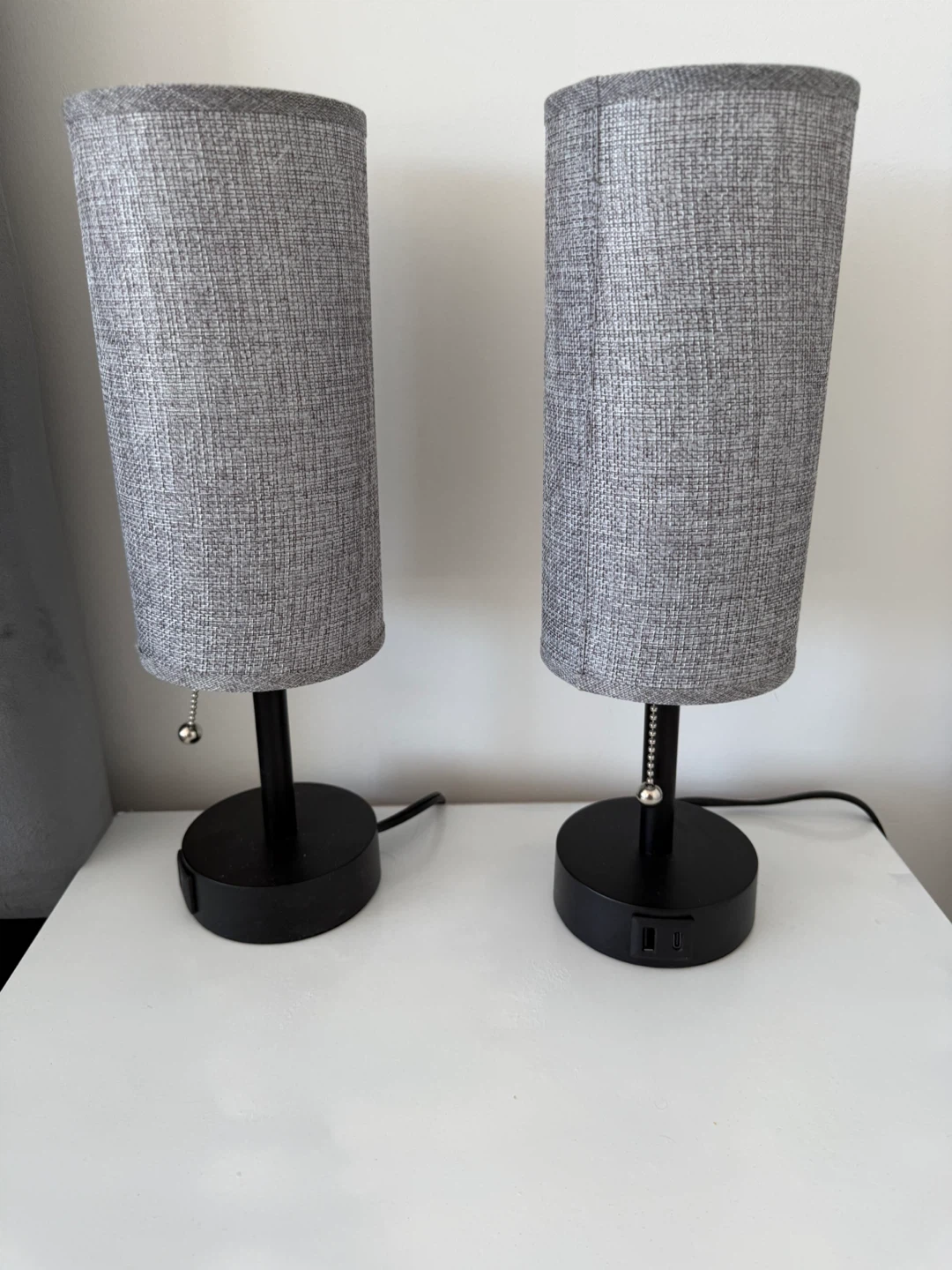 Pair of Grey Fabric Table Lamps with USB Ports