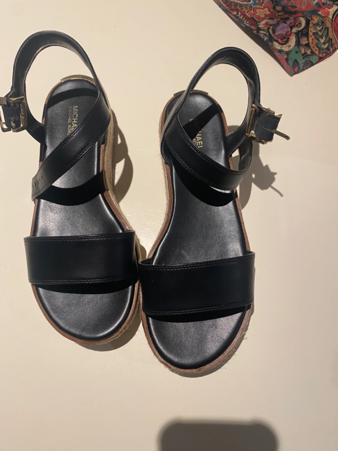 Michael Kors Black Leather Espadrille Wedge Sandals - photo 3
