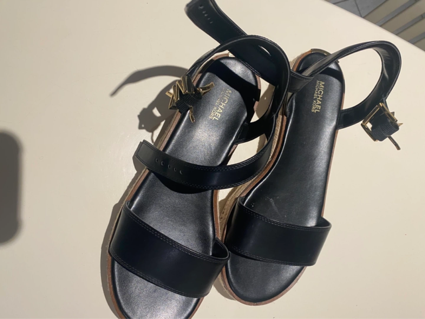 Michael Kors Black Leather Espadrille Wedge Sandals