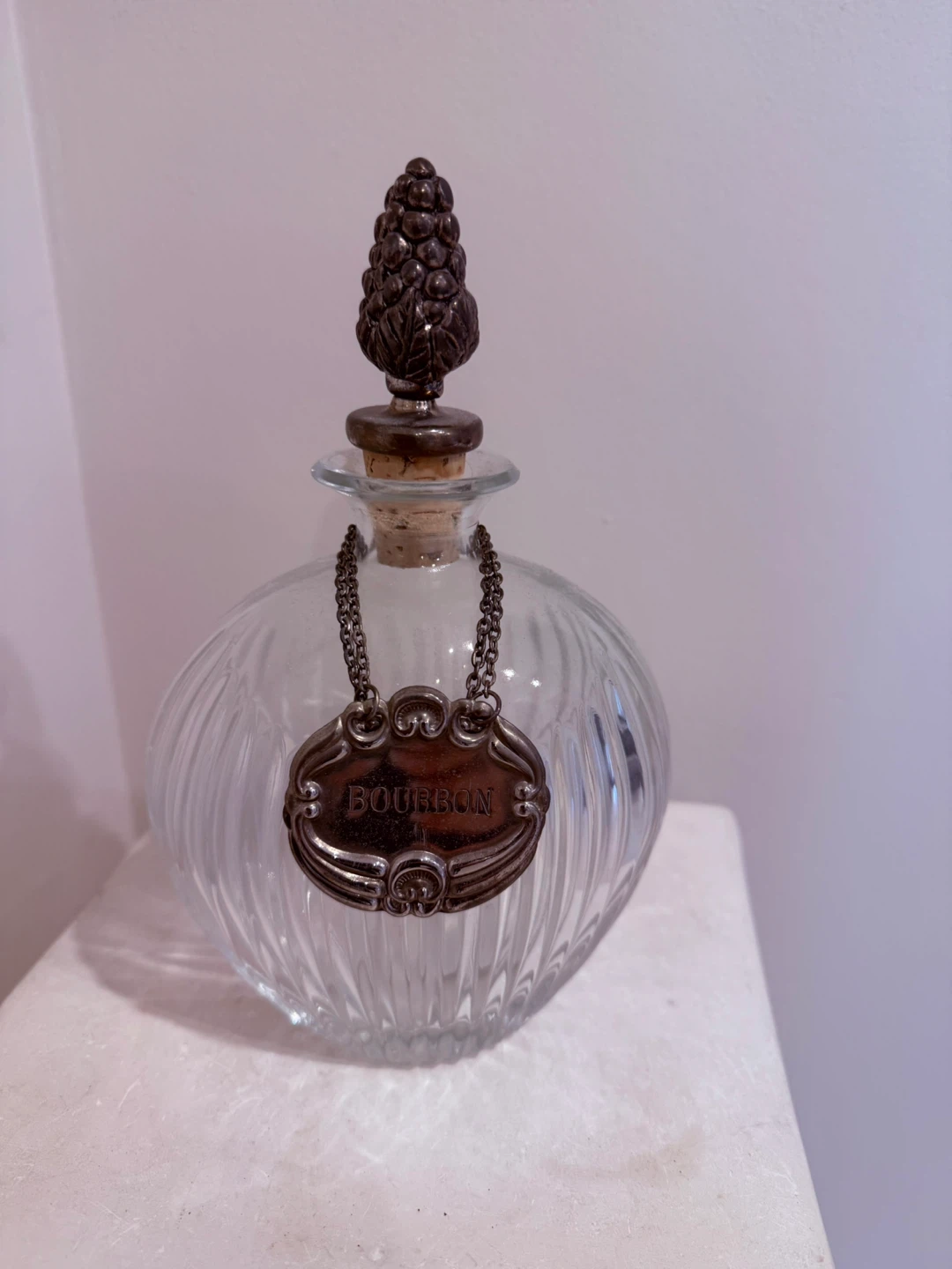 Glass Bourbon Decanter with Ornate Cork Top and Label