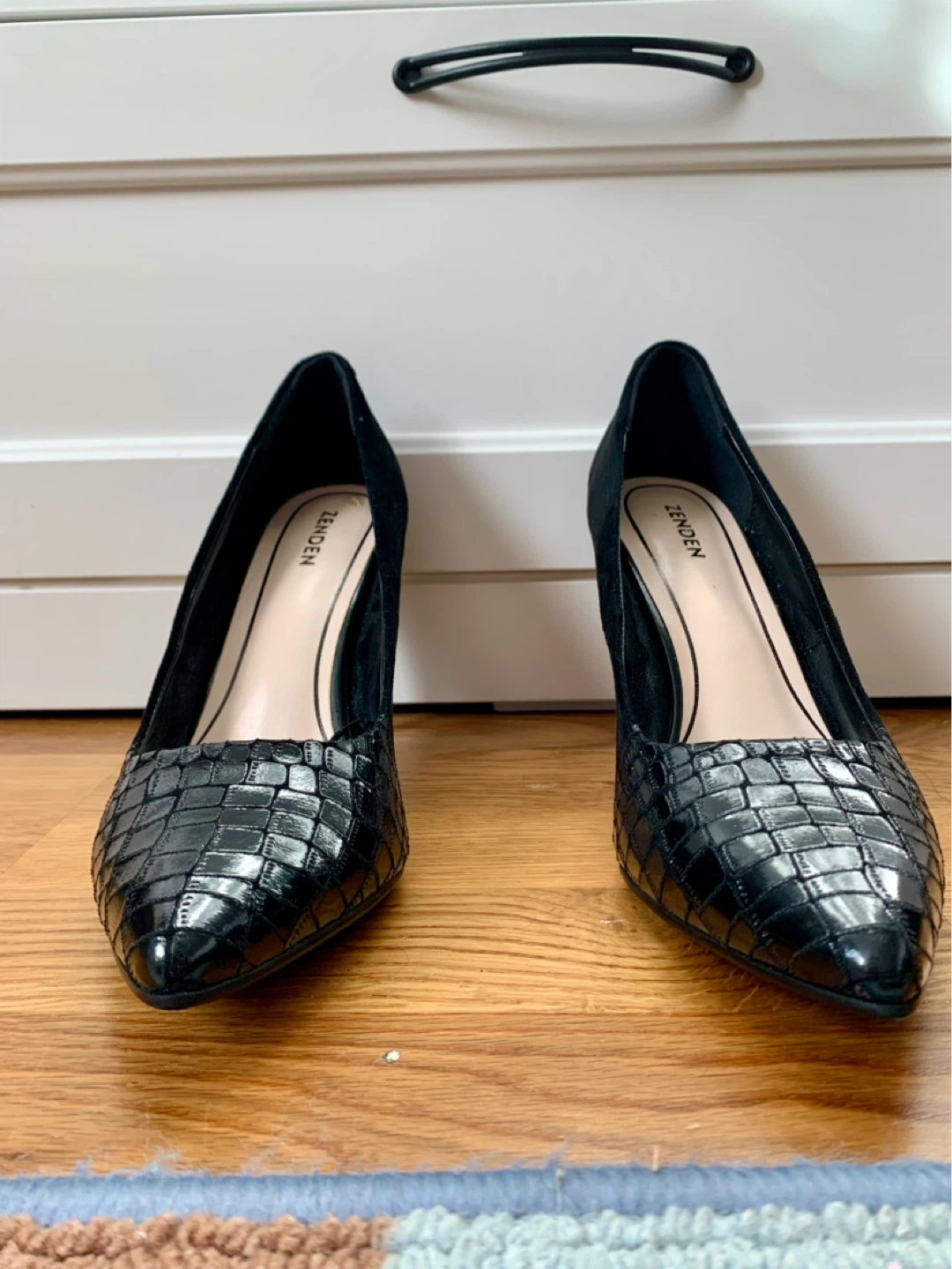 Black Suede and Croc-Embossed Pointed Toe Heels - photo 2