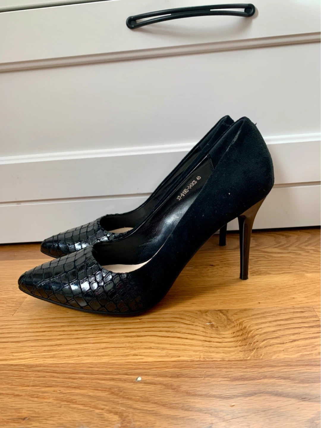 Black Suede and Croc-Embossed Pointed Toe Heels