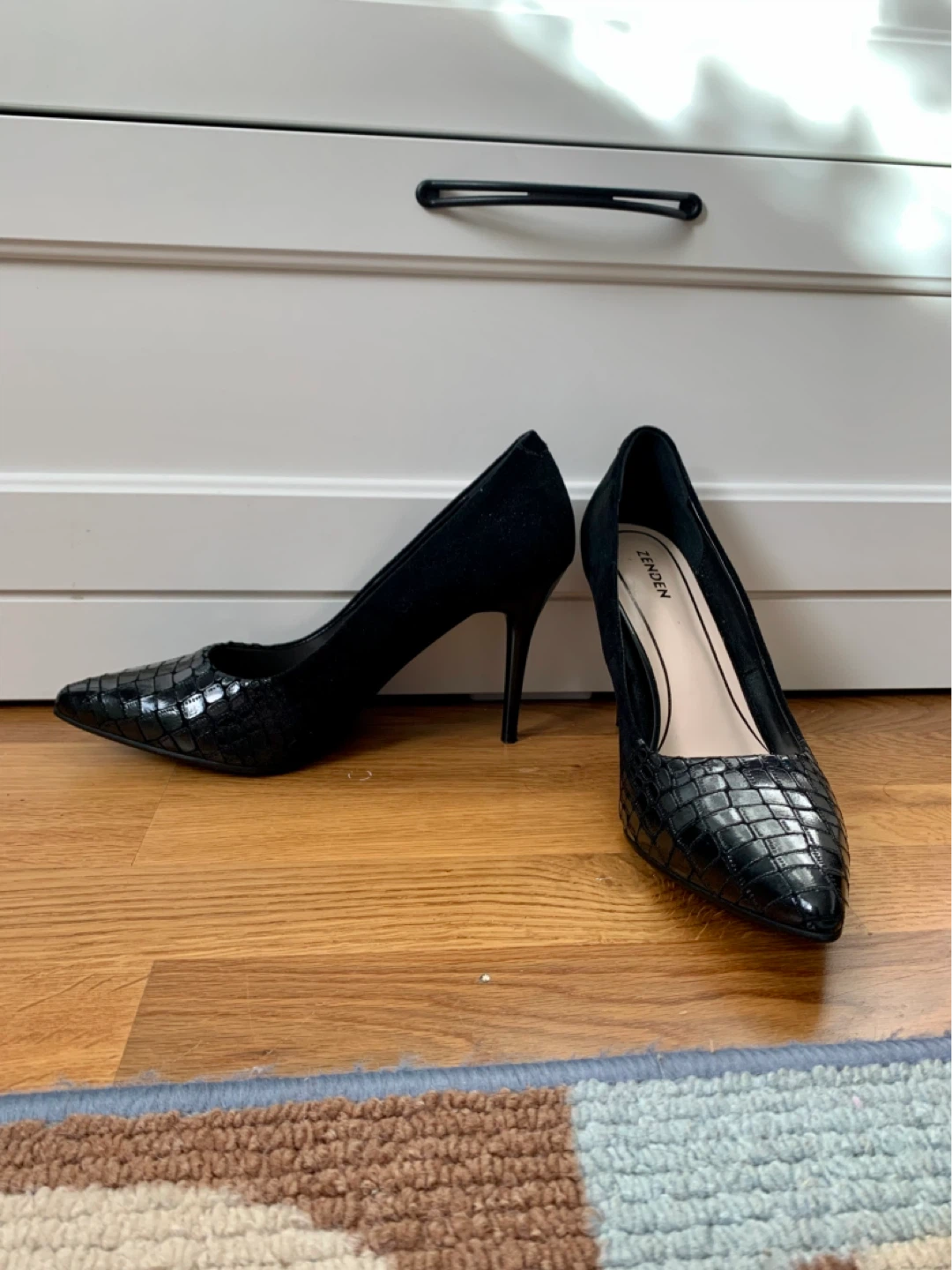 Black Suede and Croc-Embossed Pointed Toe Heels - photo 3