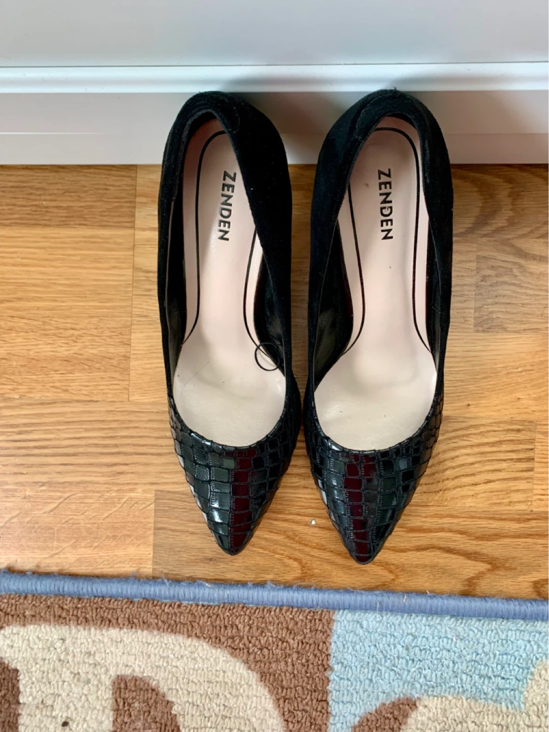 Black Suede and Croc-Embossed Pointed Toe Heels - photo 4
