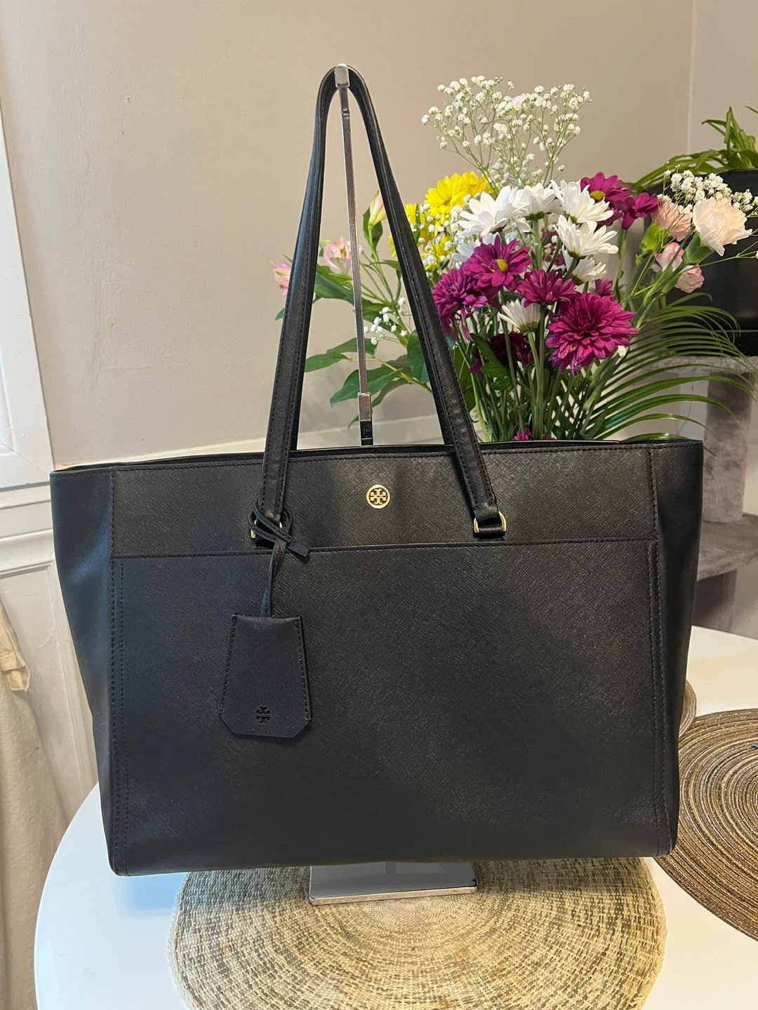 New Tory Burch Black Large Leather Tote Bag