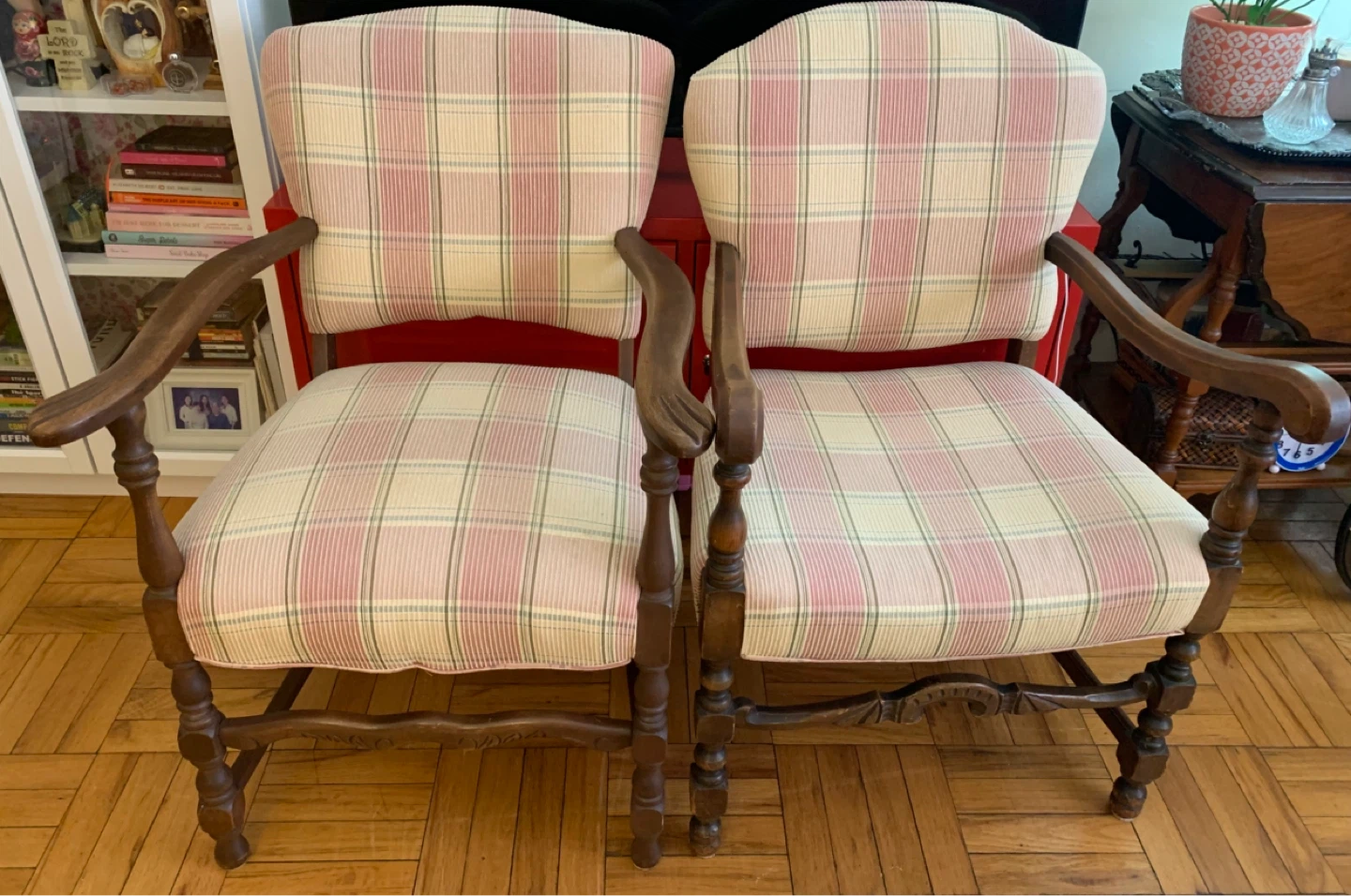 Pair of Vintage Accent Chairs with Plaid Upholstery