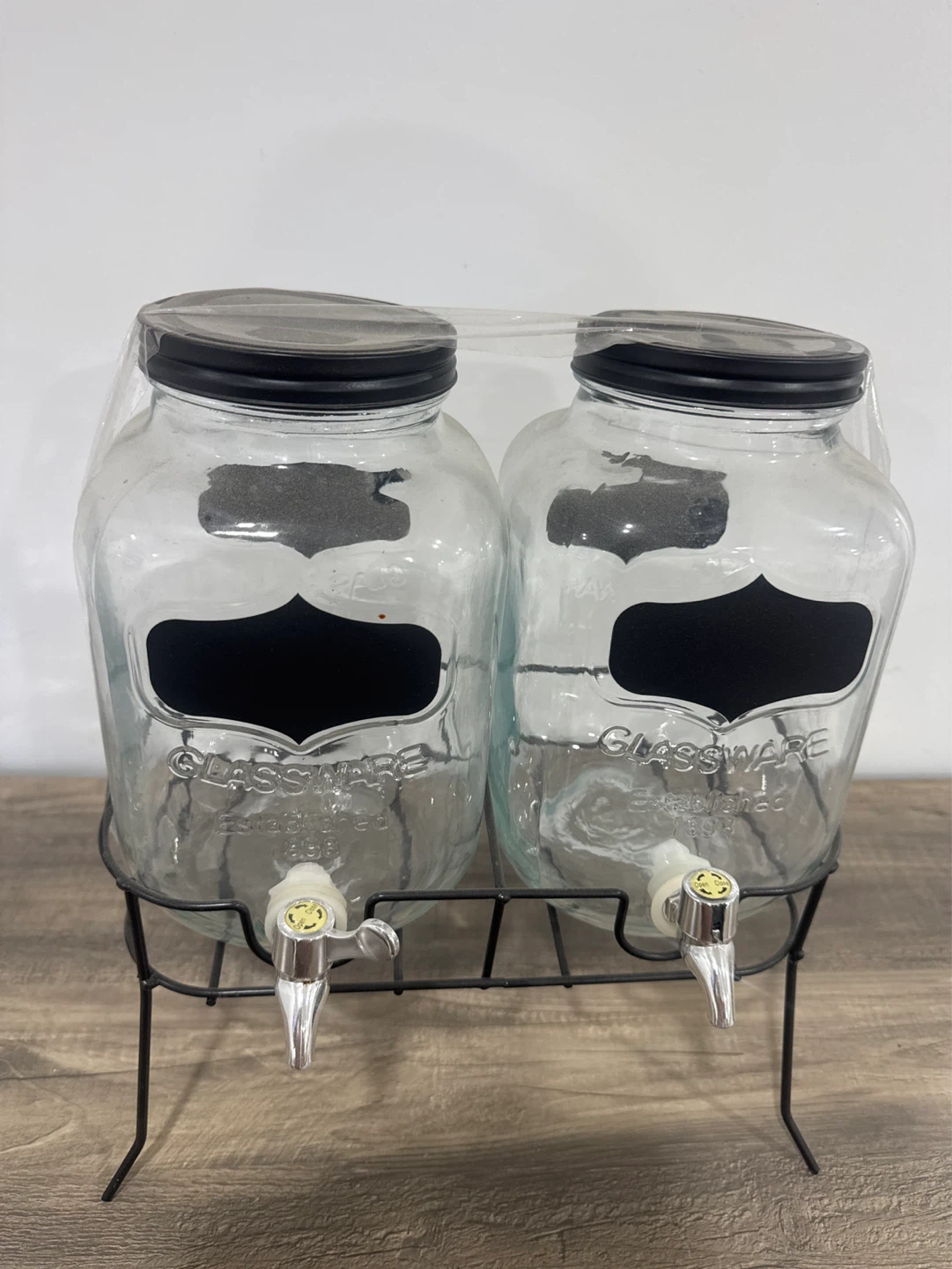 Glass Beverage Dispenser Set with 2 Jars and Stand