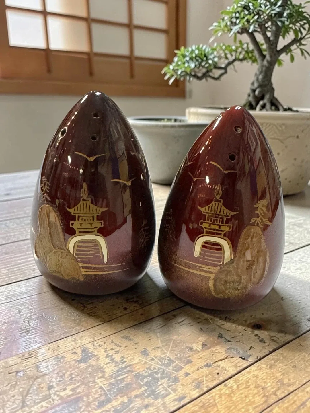 Vintage Relief Japanese Lacquer Salt and Pepper Shakers
