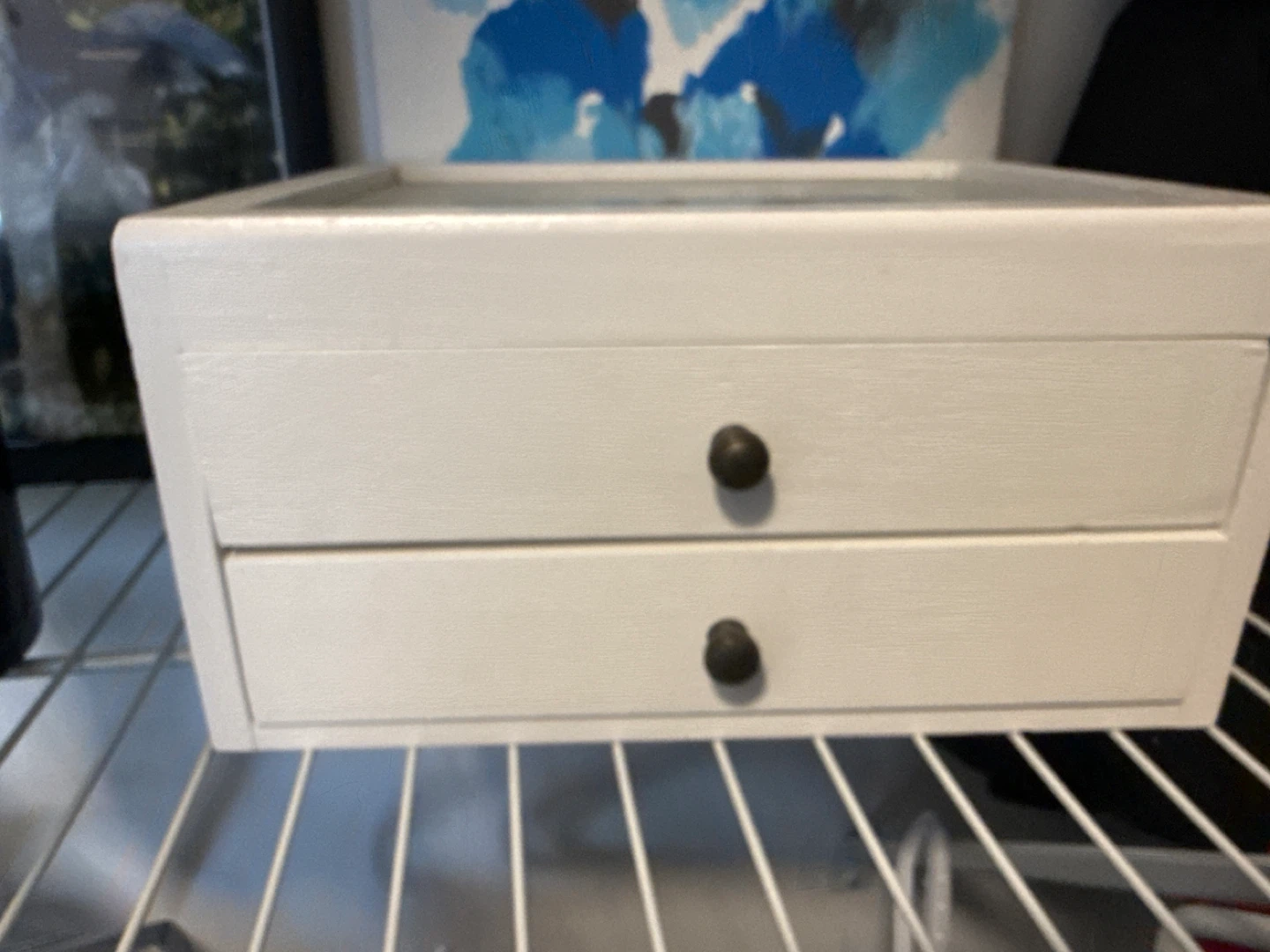 White Wooden Jewelry Box with Glass Top and Drawers