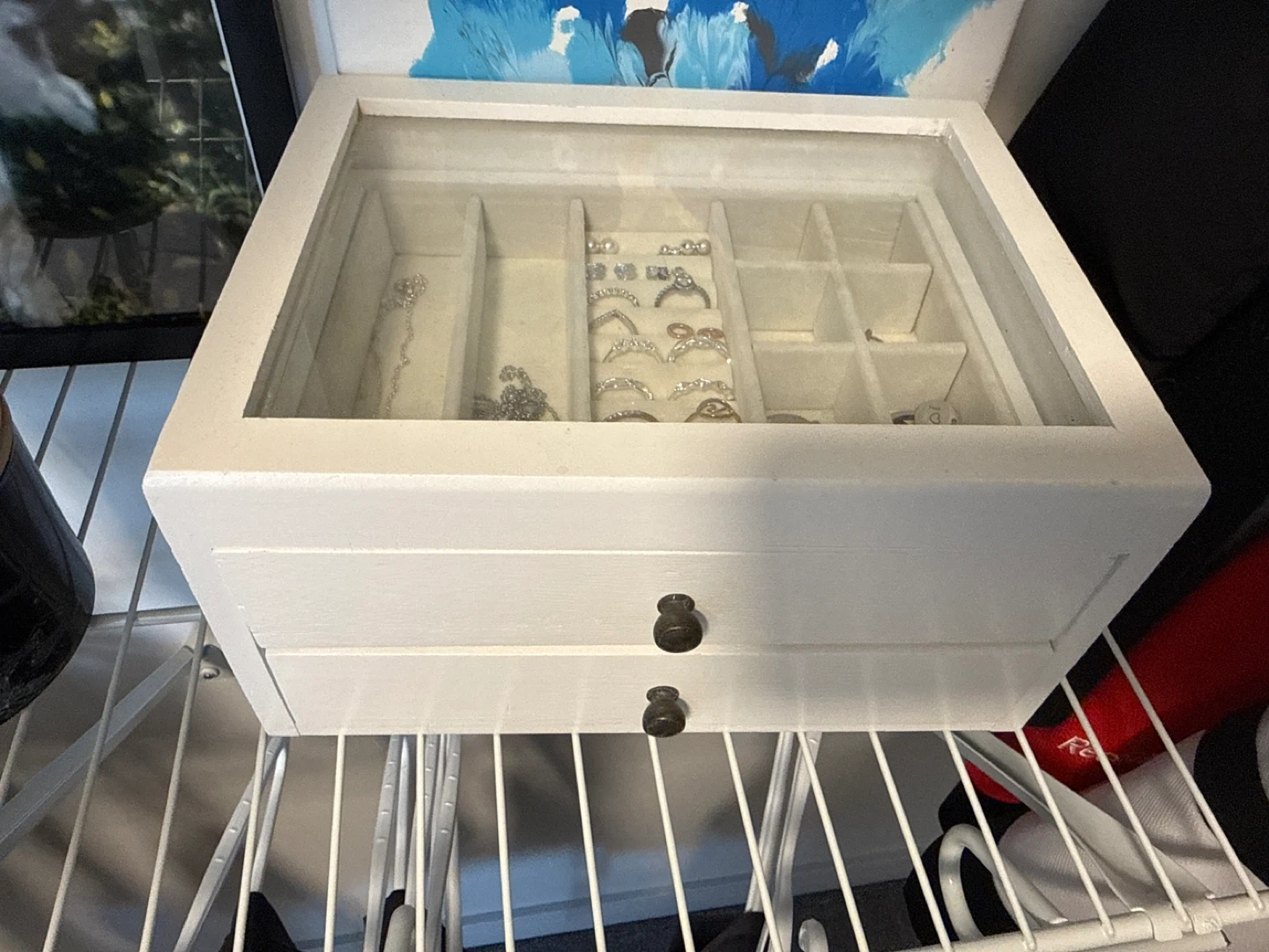 White Wooden Jewelry Box with Glass Top and Drawers - photo 2