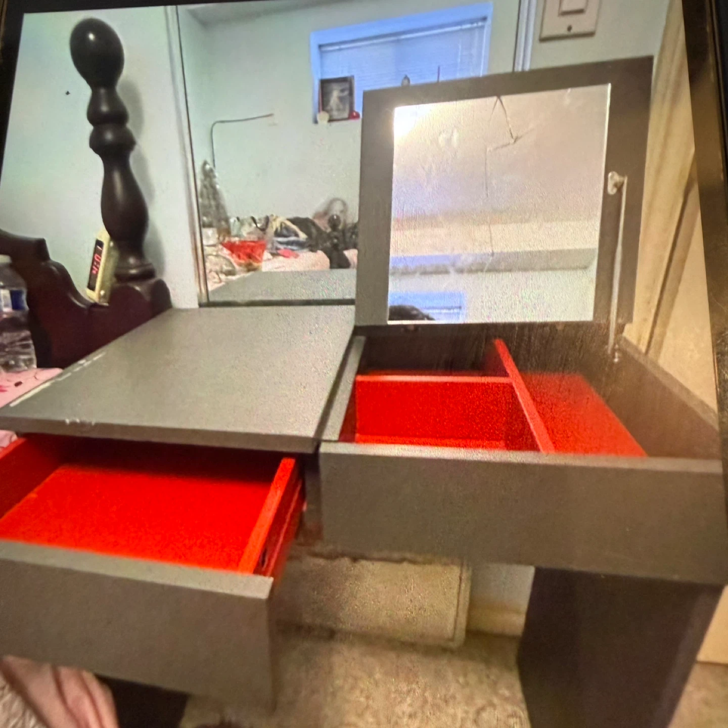 Grey Vanity Table with Mirror and Red Lined Drawers