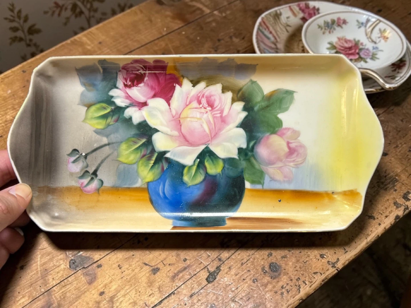 Antique Nippon Japan Hand Painted Peonies Porcelain Tray