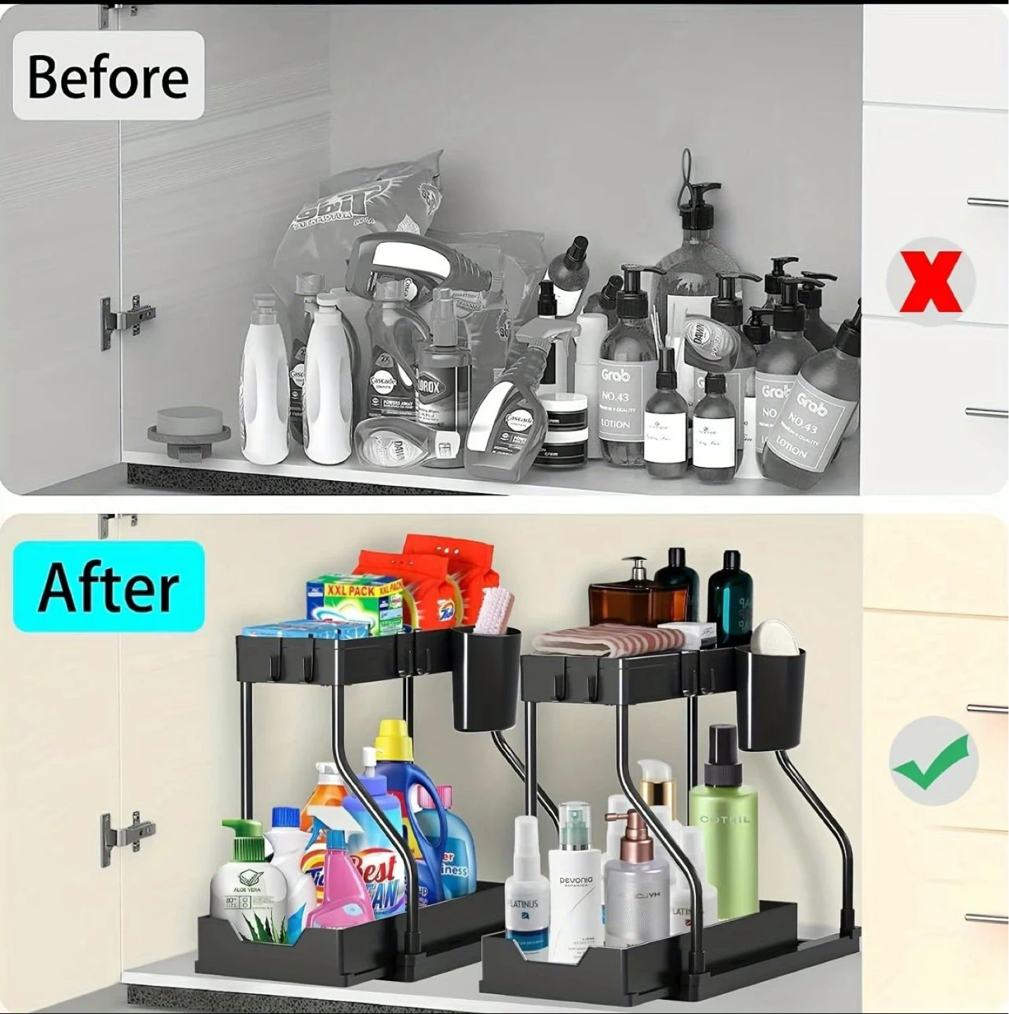 2-Tier Organizer Shelf with Hanging Cup and Hooks - photo 5