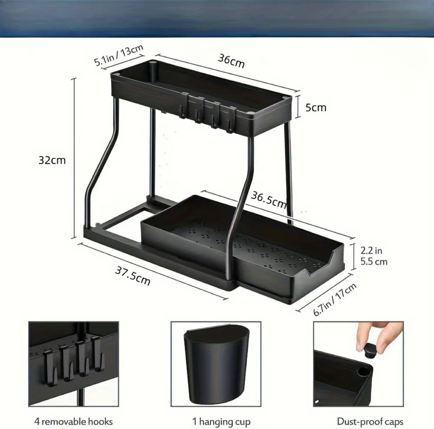 2-Tier Organizer Shelf with Hanging Cup and Hooks - photo 2