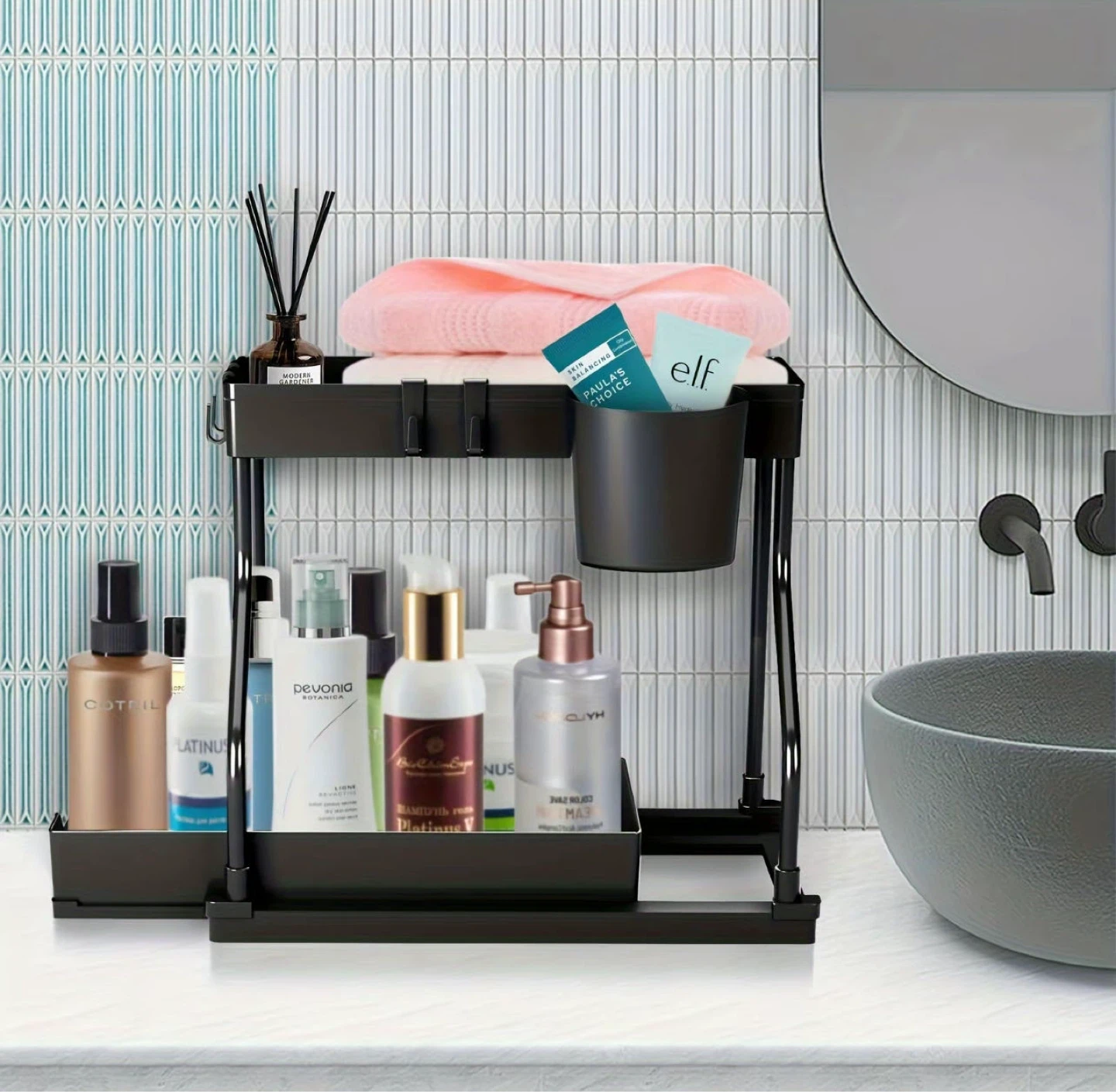 2-Tier Organizer Shelf with Hanging Cup and Hooks