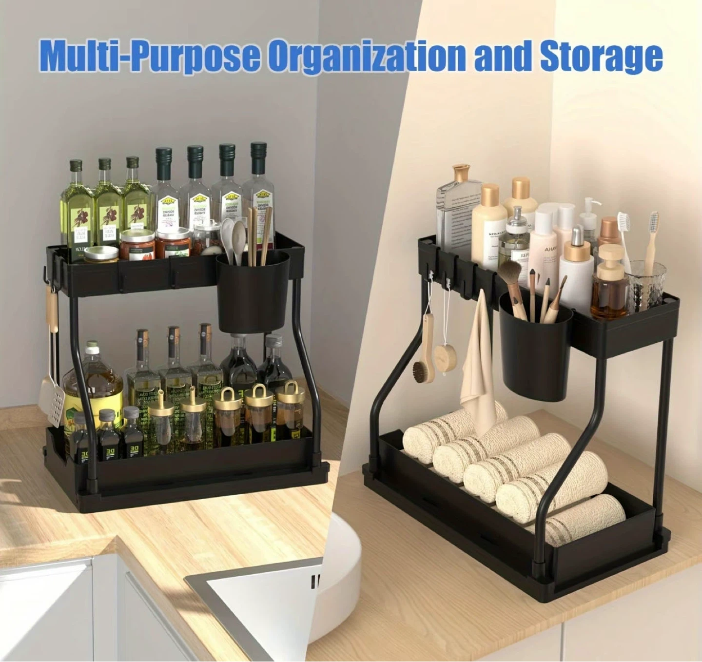 2-Tier Organizer Shelf with Hanging Cup and Hooks - photo 3