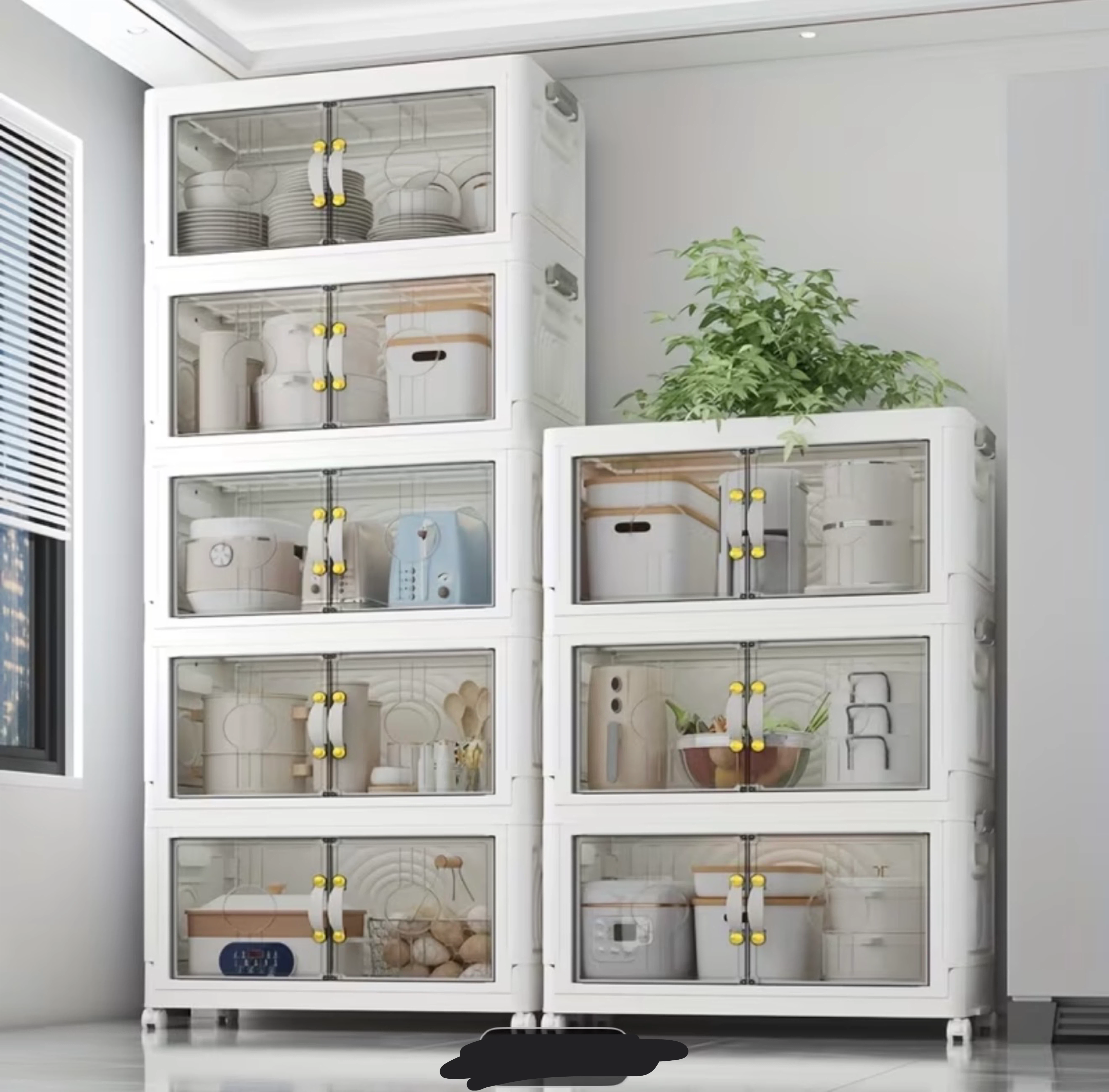 5- Tiers White Folding Storage Cabinet with Clear Doors