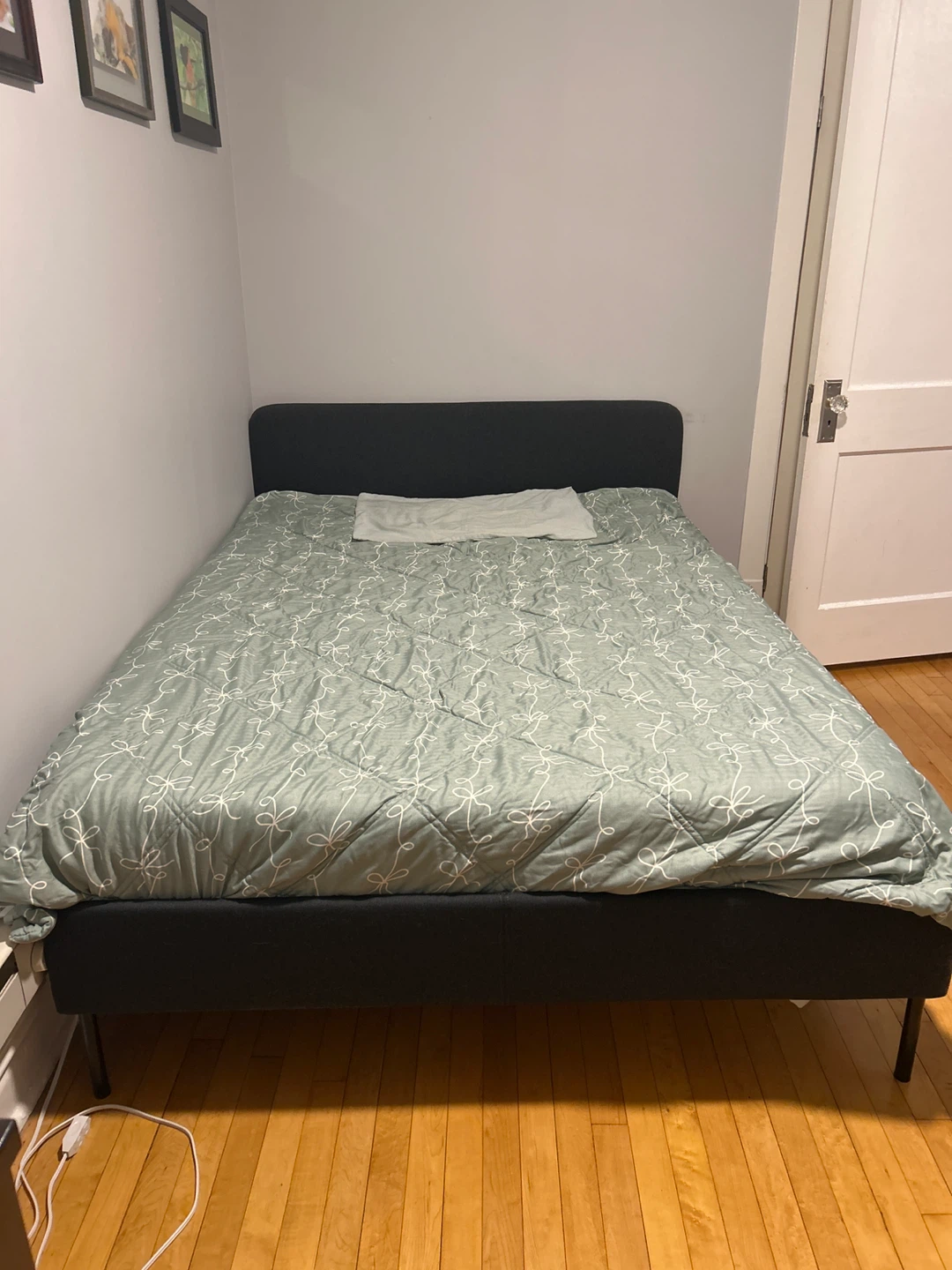Dark Gray Upholstered Bed Frame, Mattress, and Sheet set
