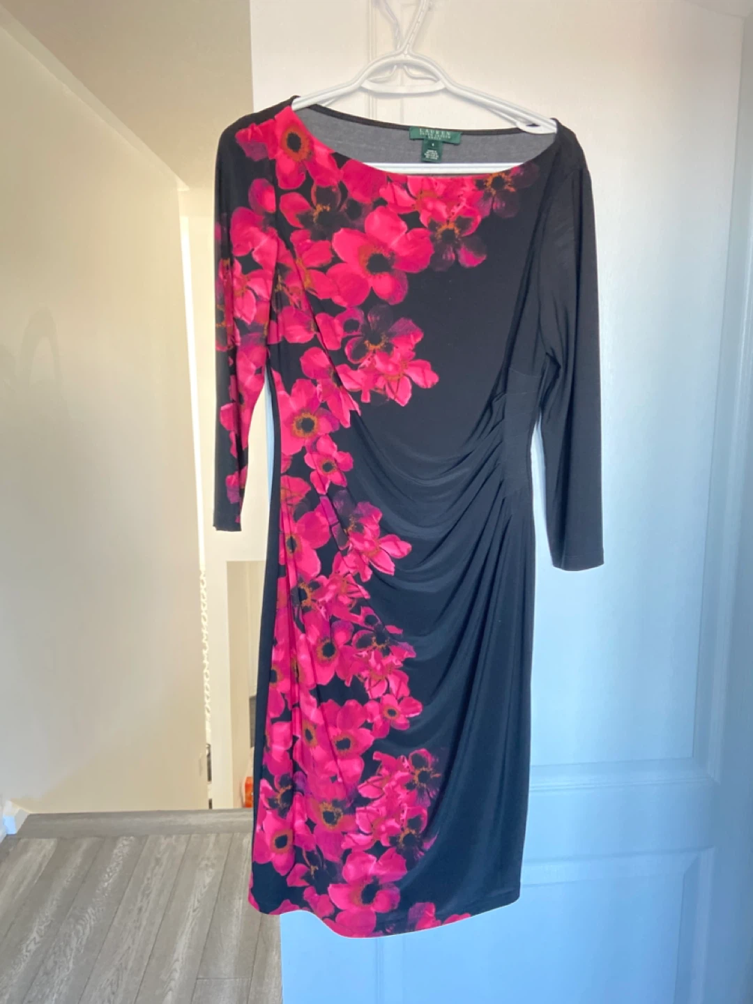 Lauren Ralph Lauren Black Floral Ruched Dress Size 8