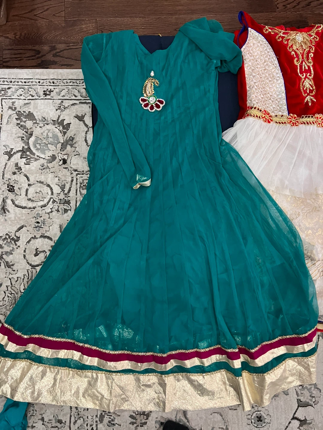 Teal Anarkali Dress with Embellished Neckline