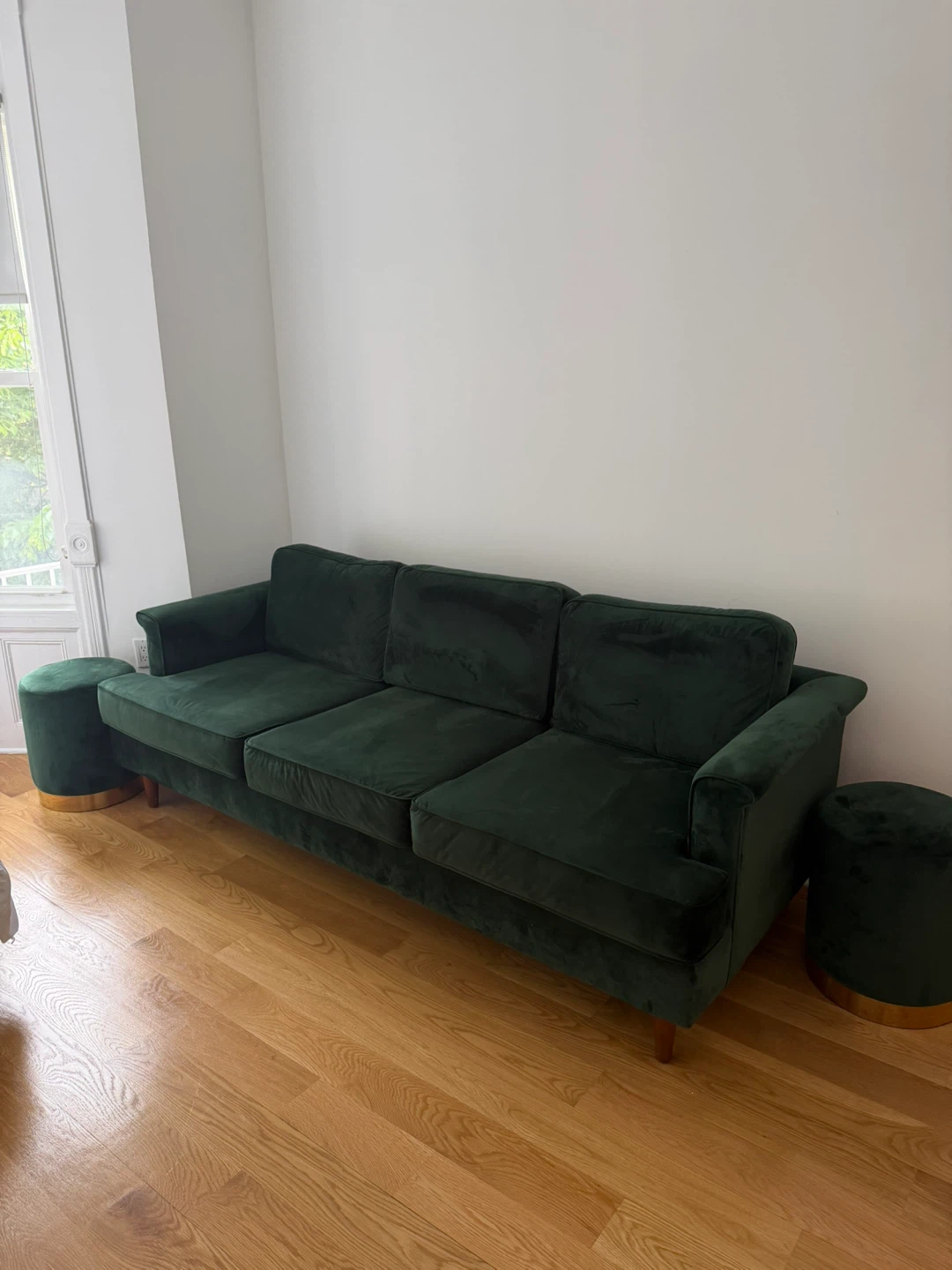 Dark Green Velvet Sofa with 2 Ottomans