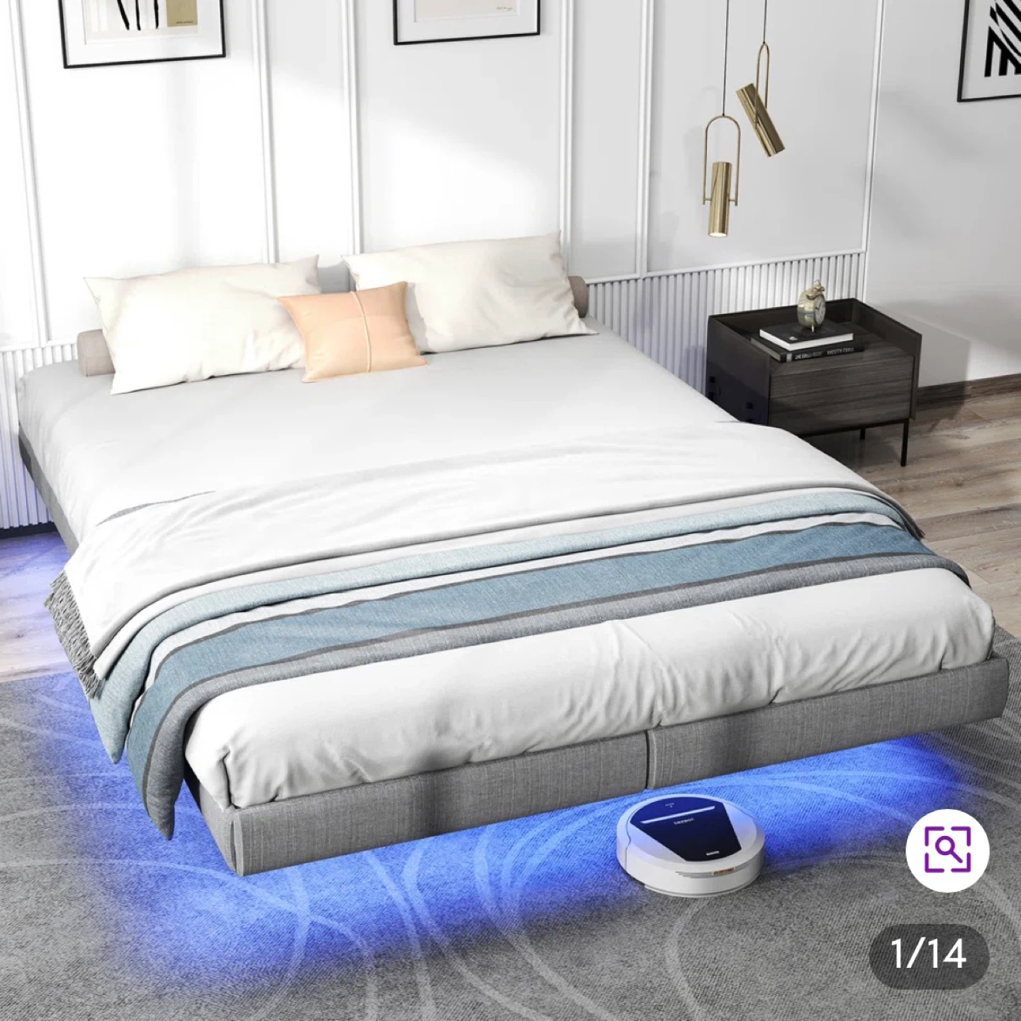 Queen Size Floating Bed Frame with LED Light Remote Control
