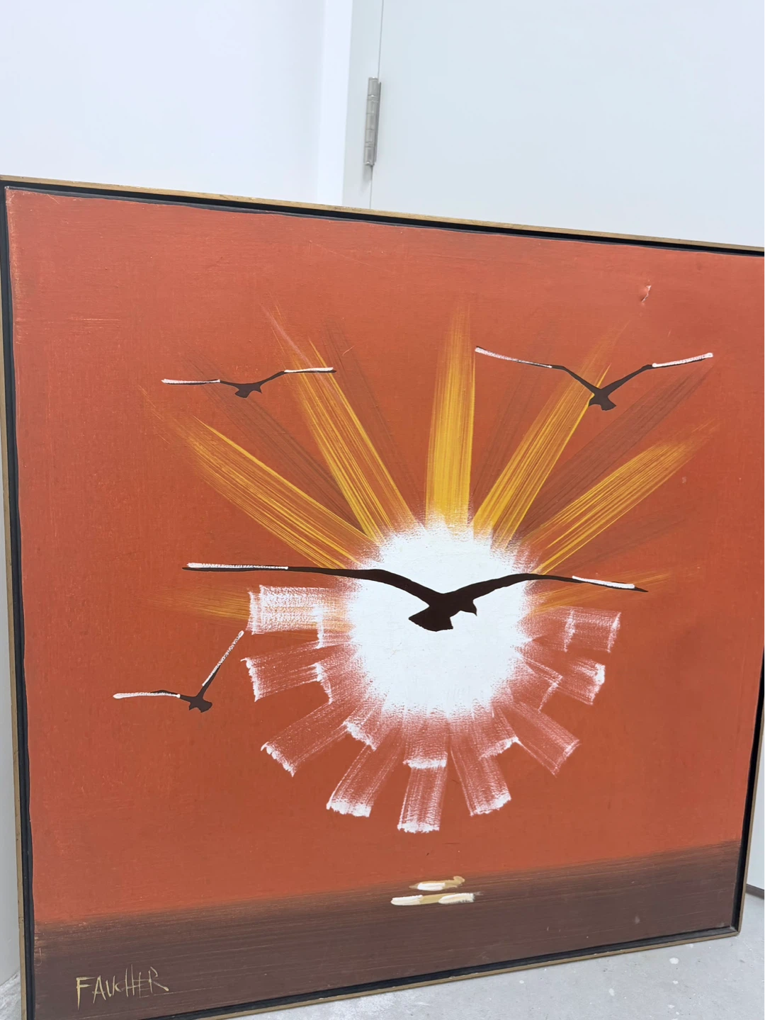 Framed Painting with Seagulls and Sun
