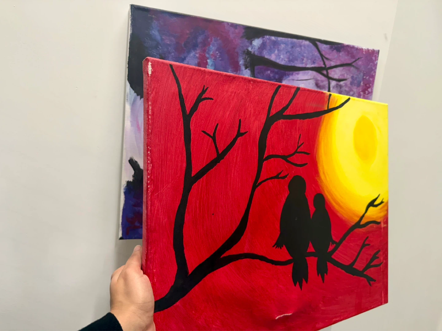 Two Handmade Paintings: Birds at Sunset and Purple Abstract - photo 2