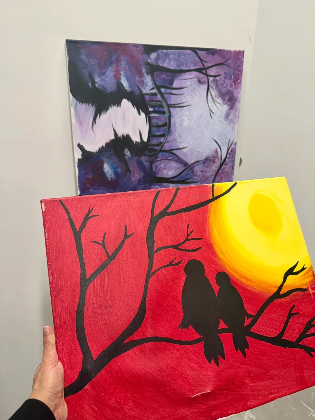 Two Handmade Paintings: Birds at Sunset and Purple Abstract - photo 4